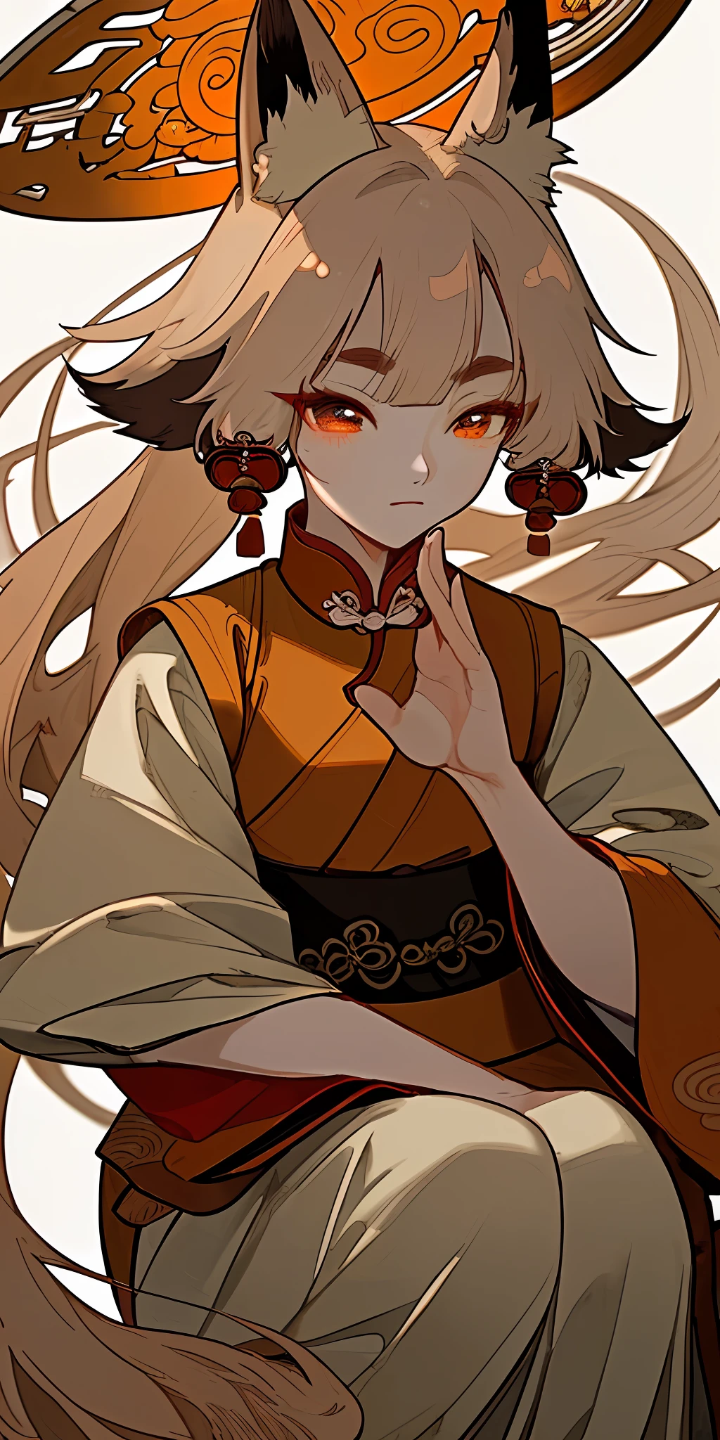 Chinese-style flat illustrations, slender figure, pretty face, fox ears, fox tail, fox demon, Japanese otome game style, movie sense, gentle and elegant, Ming Dynasty Hanfu, freehand, blank, big eyes, double eyelids, ancient Chinese beauty , beautiful hands, ultra-high-definition, exquisite details, sitting on a Chinese wooden chair, Rembrandt lighting style, ancient Chinese artist Qiu Ying style, blank space, ink style, freehand brushwork, martial arts, a sense of whiteness brings peace and tranquility to the audience, white background , close-up, 8K, best quality, super detailed --ar 3:4 --q 2 --niji 5 detail