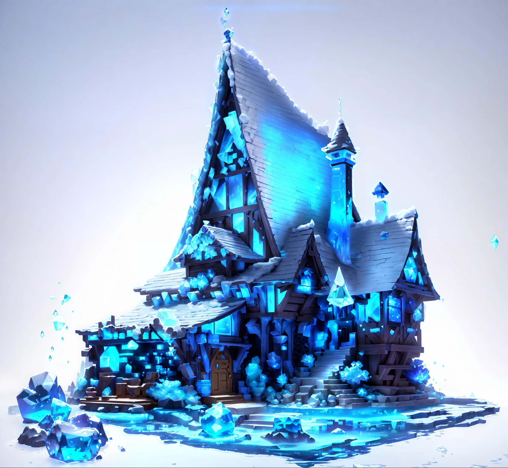 Blue roof, ice cubes, crystals, crystal walls, magic cartoon hut. Isometric, 3D rendering, very high definition, high detail, 8k, cinematic lighting, super high resolution, game asset masterpiece, best quality, toon, pixar style, simple design, mini sense, animal crossing, 1building, 3d, clean, Eggplant and Coral, --v 6