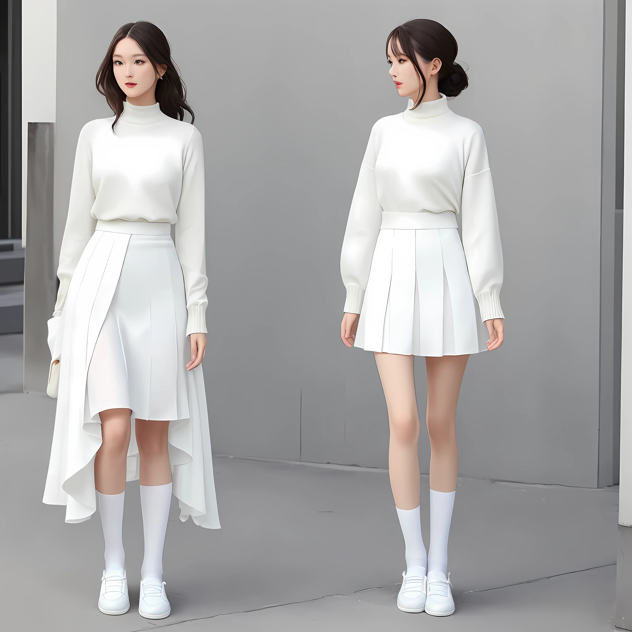 A tall, good-looking, beautiful fashion female model, a full-body photo, a white chiffon knee-length skirt, elegant and smart, with a yellow twisted sweater on the upper body, and the hem of the dress is tucked into the skirt. Look~ the proportion of the figure is stretched all of a sudden Yes, the combination of white socks and white casual shoes is quite harmonious, elegant and cute.