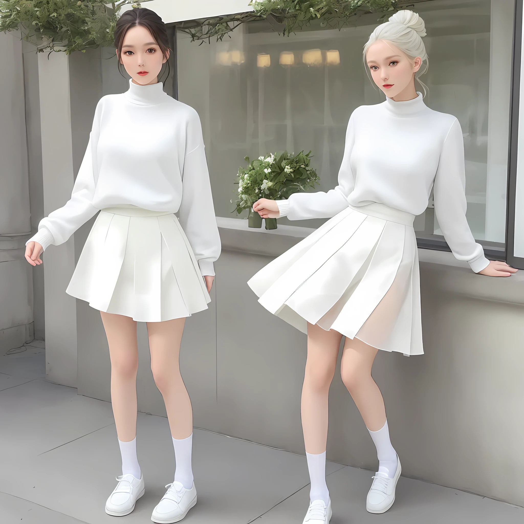 A tall, good-looking, beautiful fashion female model, a full-body photo, a white chiffon knee-length skirt, elegant and smart, with a yellow twisted sweater on the upper body, and the hem of the dress is tucked into the skirt. Look~ the proportion of the figure is stretched all of a sudden Yes, the combination of white socks and white casual shoes is quite harmonious, elegant and cute.
