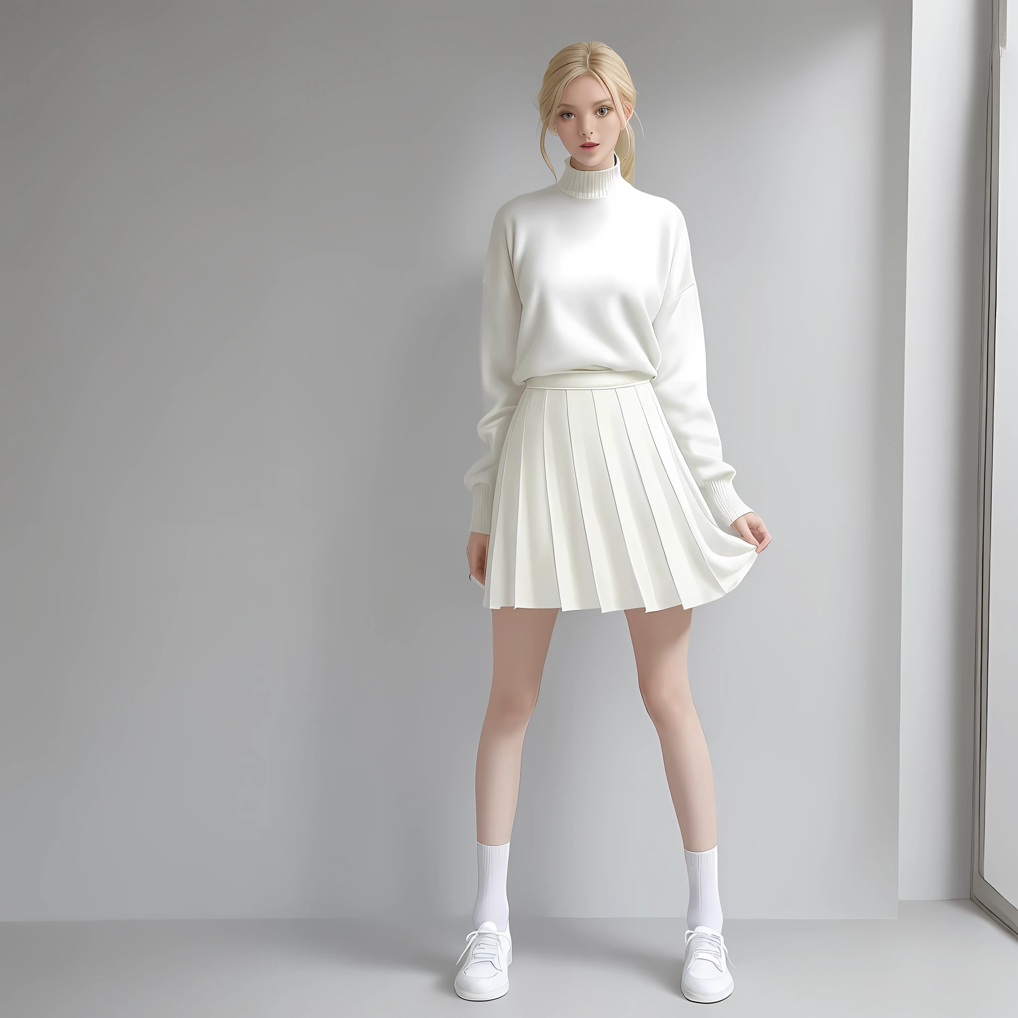A tall, good-looking, beautiful fashion female model, a full-body photo, a white chiffon knee-length skirt, elegant and smart, with a yellow twisted sweater on the upper body, and the hem of the dress is tucked into the skirt. Look~ the proportion of the figure is stretched all of a sudden Yes, the combination of white socks and white casual shoes is quite harmonious, elegant and cute.