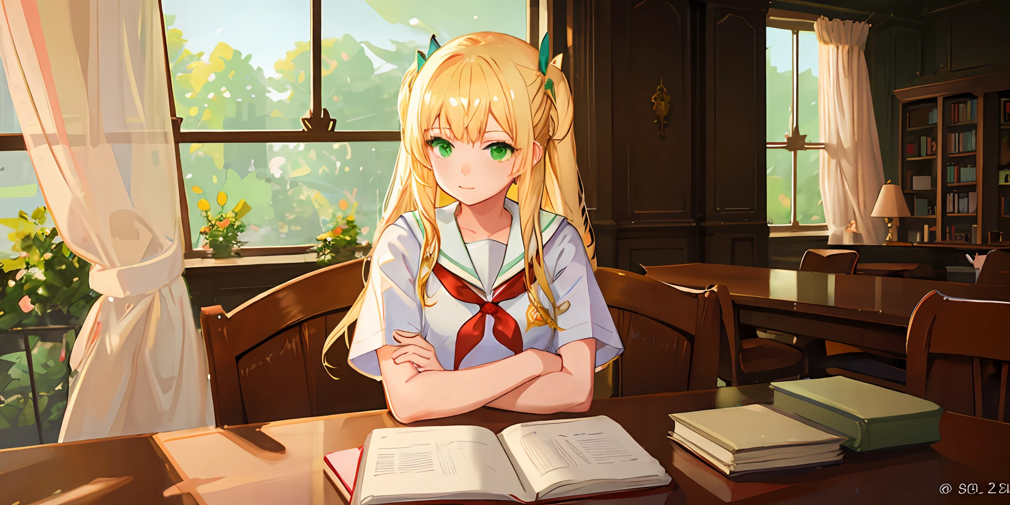 ((masterpiece,best quality, high resolution)), 1girl, solo, green eyes, blonde long hair tied with blue ribbon, blunt bangs, sitting, folded arms on the table, sleep on the folded arms, school uniform, white serafuku, red sailor collar, short sleeves, white pleated skirt, (in library), dramatic light, beside window, afternoon light through the window, afternoon, bokeh effect