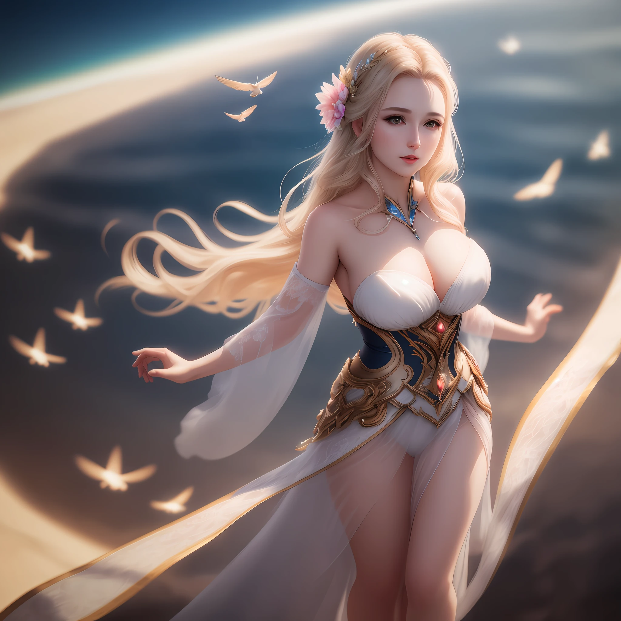 Beautiful woman, 8k, cg, ultra clear, ultra detailed, flying in the sky, full body, masterpiece, clear detail, ultra realistic, 8mm, bright, detail, 8k