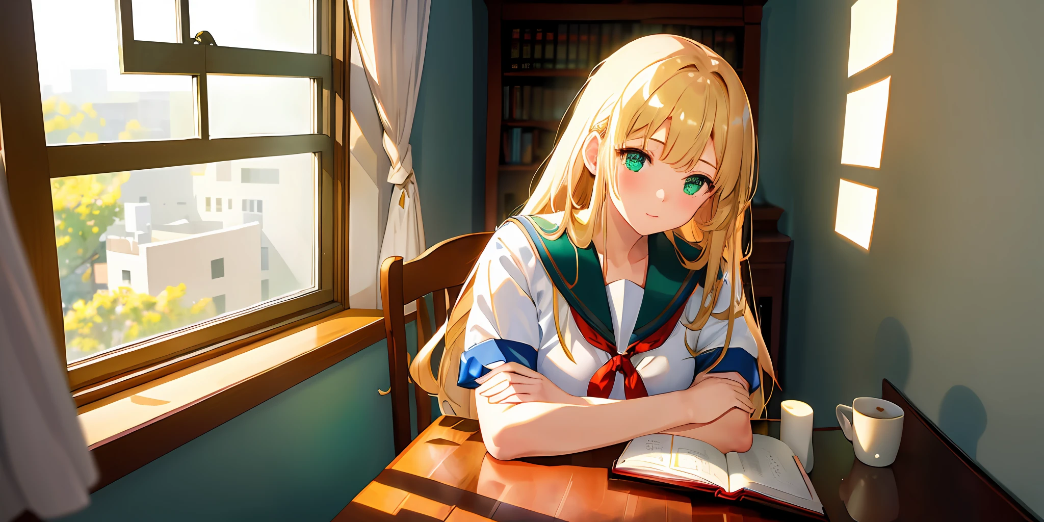 ((masterpiece,best quality, high resolution)), 1girl, solo, green eyes, blonde long hair tied with blue ribbon, blunt bangs, sitting, folded arms on the table, sleep on the folded arms, school uniform, white serafuku, red sailor collar, short sleeves, white pleated skirt, (in library), dramatic light, beside window, afternoon light through the window, afternoon, bokeh effect