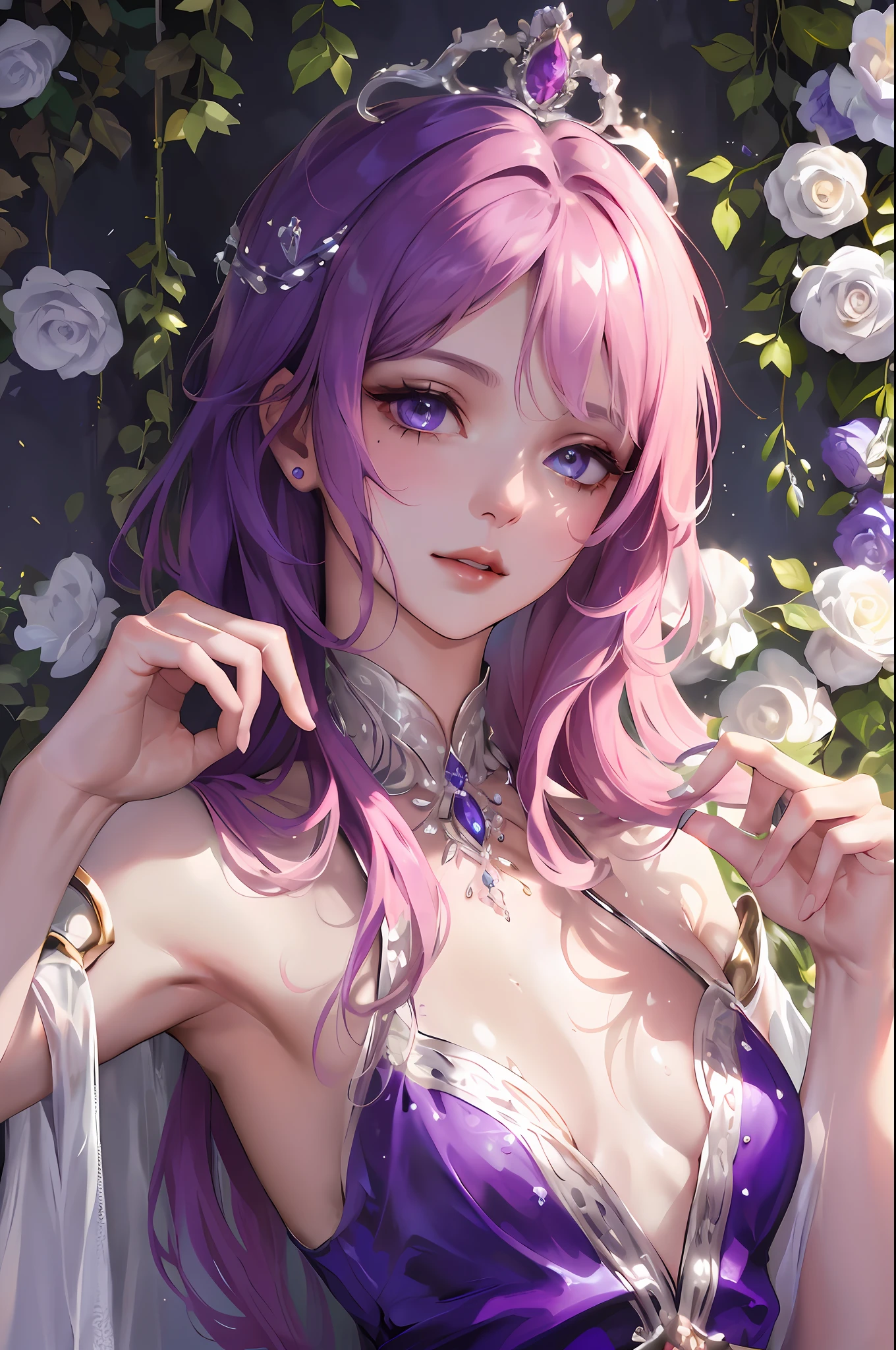 Intricate Details, (Perfect Shiny Skin: 1.2) and (Wet Skin: 1.1), (Very Detailed Face), (Masterpiece, Realistic: 1.3), (Extremely Intricate: 1.2)>, Intricate Details, ( Shiny glossy skin: 1.2) and (slightly moisturized skin: 1.1), (small breasts: 1.2), noble and elegant woman. She wears a gorgeous purple gown and a jeweled crown on her head. Holding a bright red rose in her hand, she raised her head slightly and stared ahead. Her eyes are deep and bright, exuding tenderness and confidence