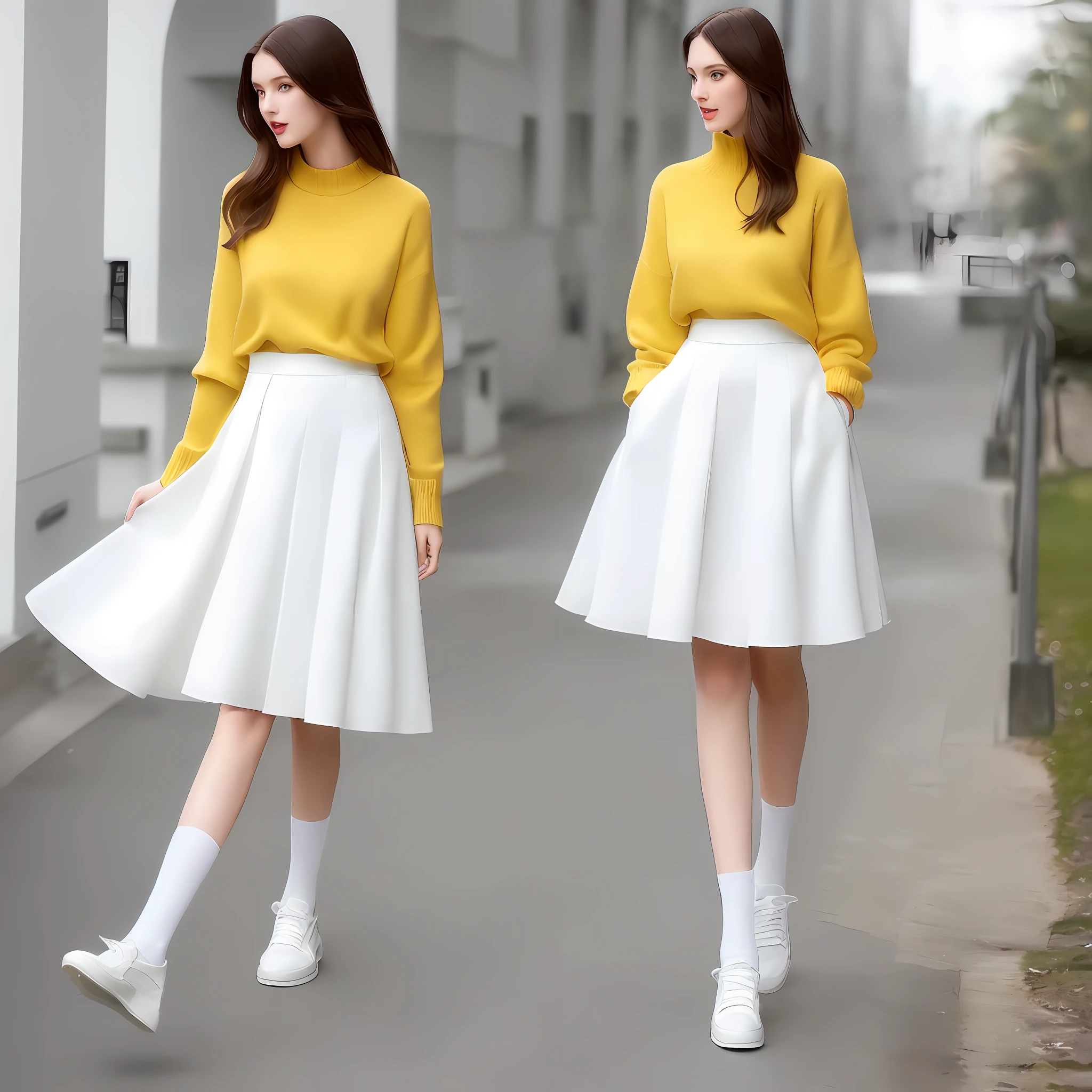 A tall, good-looking, beautiful fashion female model, a full-body photo, a white chiffon knee-length skirt, elegant and smart, with a yellow twist sweater on the upper body, the skirt is tucked into the skirt, and the combination of white socks and white casual shoes is quite Harmonious, elegant and lovely.
