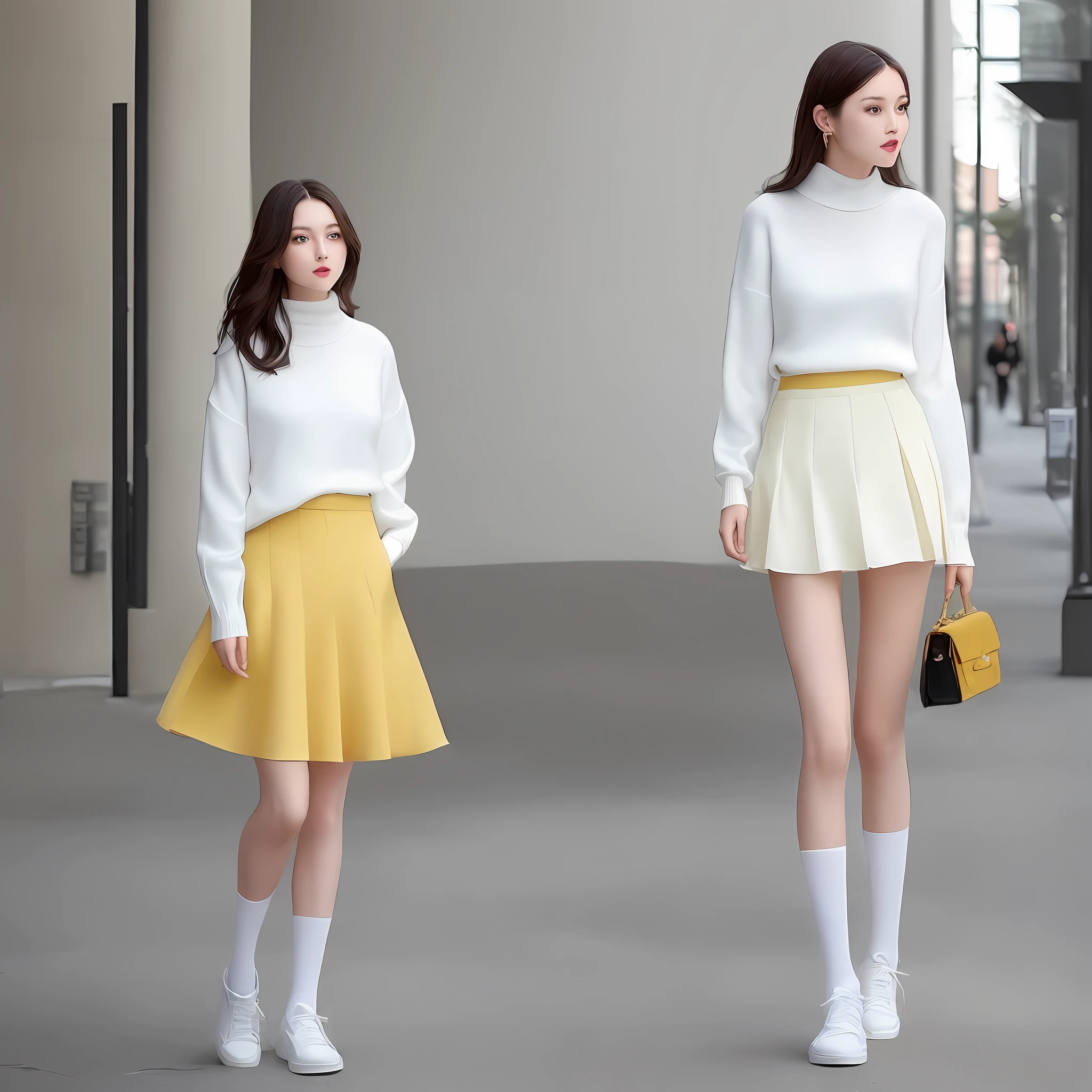 A tall, good-looking, beautiful fashion female model, a full-body photo, a white chiffon knee-length skirt, elegant and smart, with a yellow twist sweater on the upper body, the skirt is tucked into the skirt, and the combination of white socks and white casual shoes is quite Harmonious, elegant and lovely.