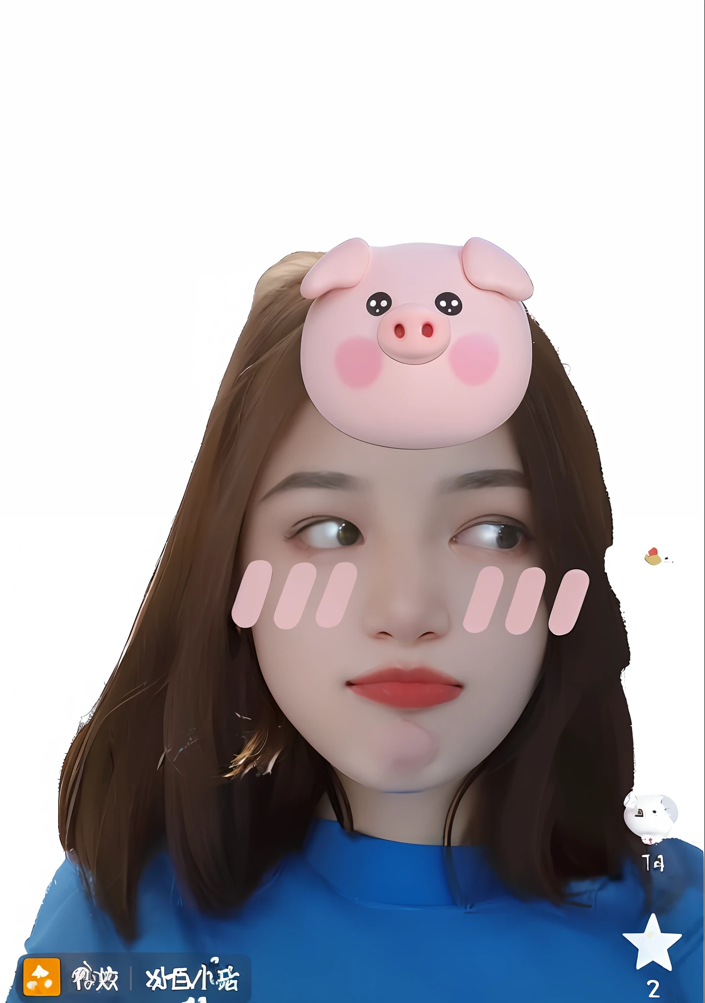 Close-up of a person with a pig on her head, with artgram on her face, she has a cute face, telegram sticker, kawaii realistic portrait,