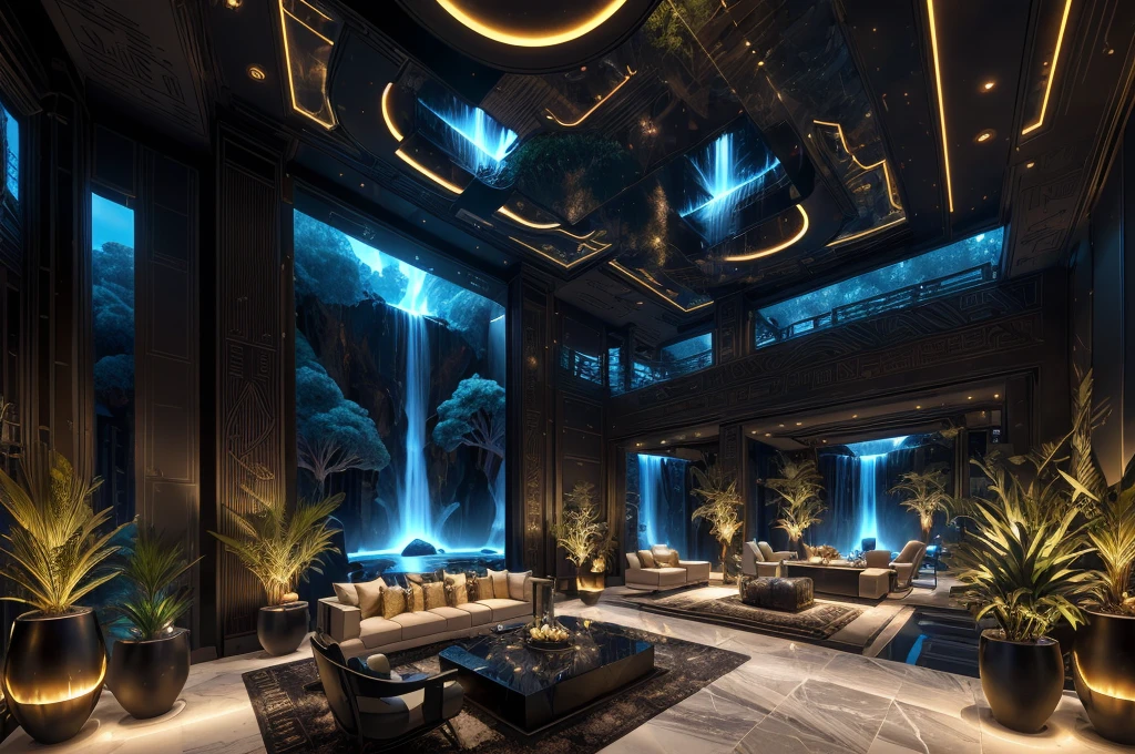 incredible black luxurious futuristic living room interior in Ancient Egyptian style with many ((lush plants)) (lotus flowers), ((palm trees)), rocky walls, (sand), ((waterfalls)) (marble), ((precious minerals)), ((metals)), (gemstones), crystals, clouds and (water), (hieroglyphics), ((trees and plants made out of gemstones and precious minerals and lights)), crocodiles, (((ultra luxury))), (black marble) – with ((beautiful lights)), Unreal Engine, HQ, 16k