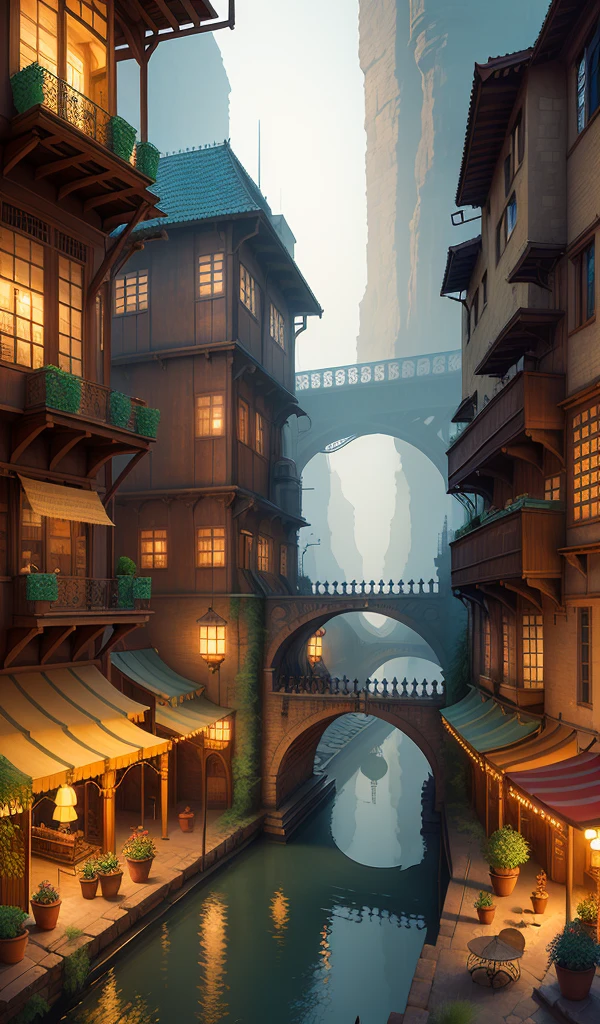 ((masterpiece)),((best quality)),((high detial)),((realistic,))
Industrial age city, deep canyons in the middle, architectural streets, bazaars, Bridges, rainy days, steampunk, European architecture