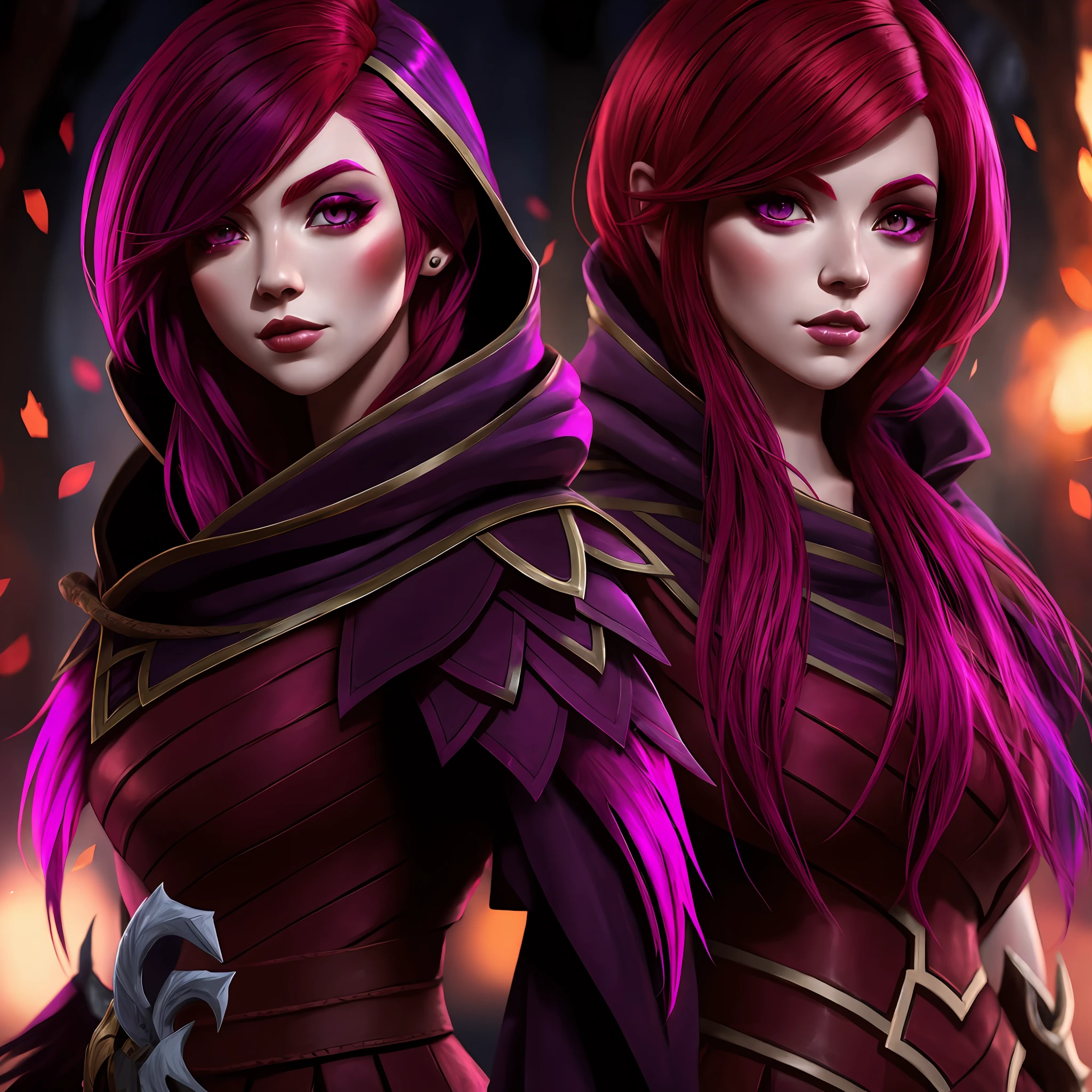 red hair, 1girl, purple eyes, league of legends, xayah, face portrait, medium hair, solo focus, full dressed, Hood