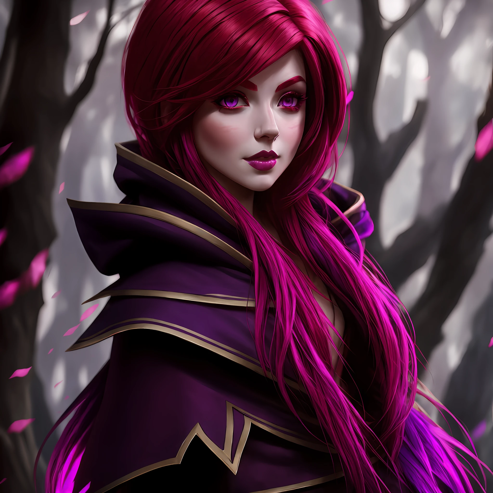 red hair, 1girl, purple eyes, league of legends, xayah, face portrait, medium hair, solo focus, full dressed, Hood
