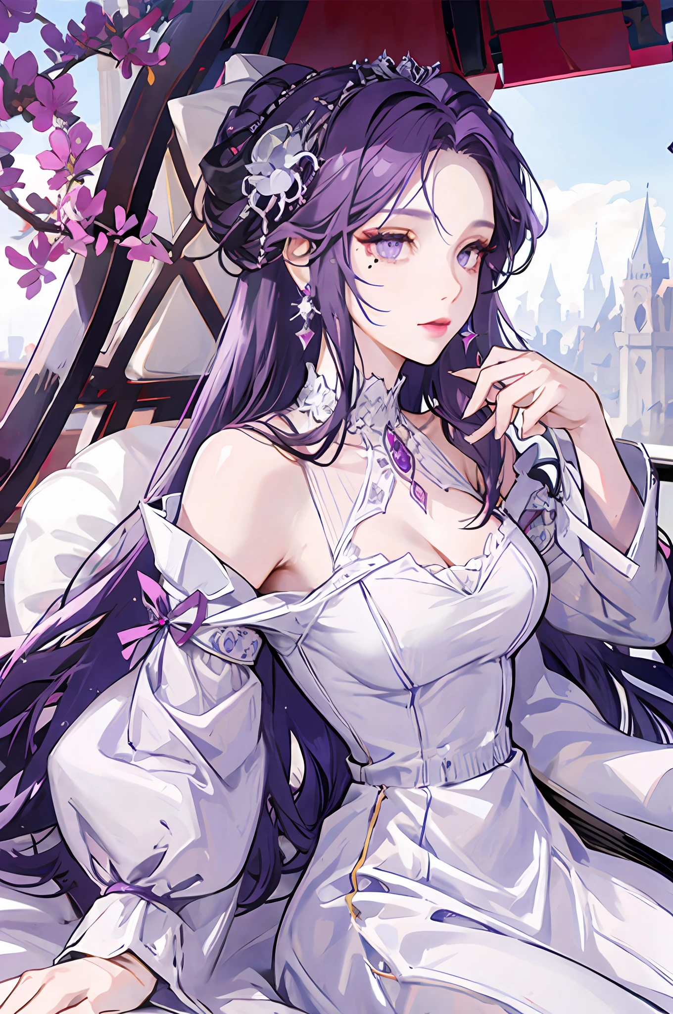 Woman with violet hair, gray eyes, white dress, violet jewelry, red earrings, mole on the lip, royalty, nobility, princess, elegant, high quality, highly detailed, detailed face, fantasy, drinking tea
