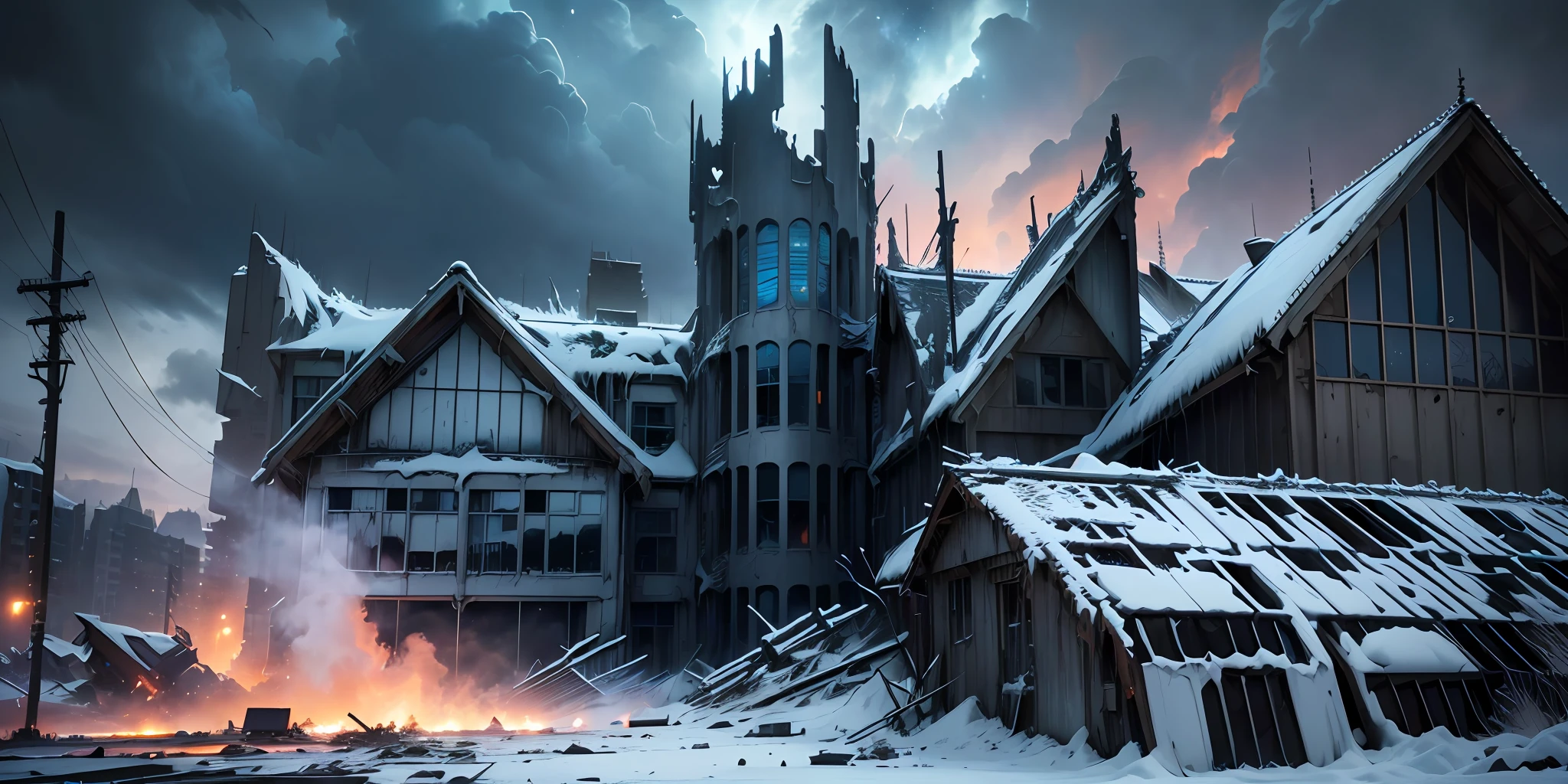 Apocalypse, Epic Reality, (hdr: 1.4), Apocalypse, Frozen, Dilapidated, Abandoned, Cool Colors, Dark Night, Screen Space Refraction, Epic Composition, (Intricate Detail), (Intricate Detail, Ultra Detail: 1.2 ), Art Station, Movie Clips, Vignetting, Complex Backgrounds, Buildings, Snow, (Masterpiece, Best Quality) --v 6