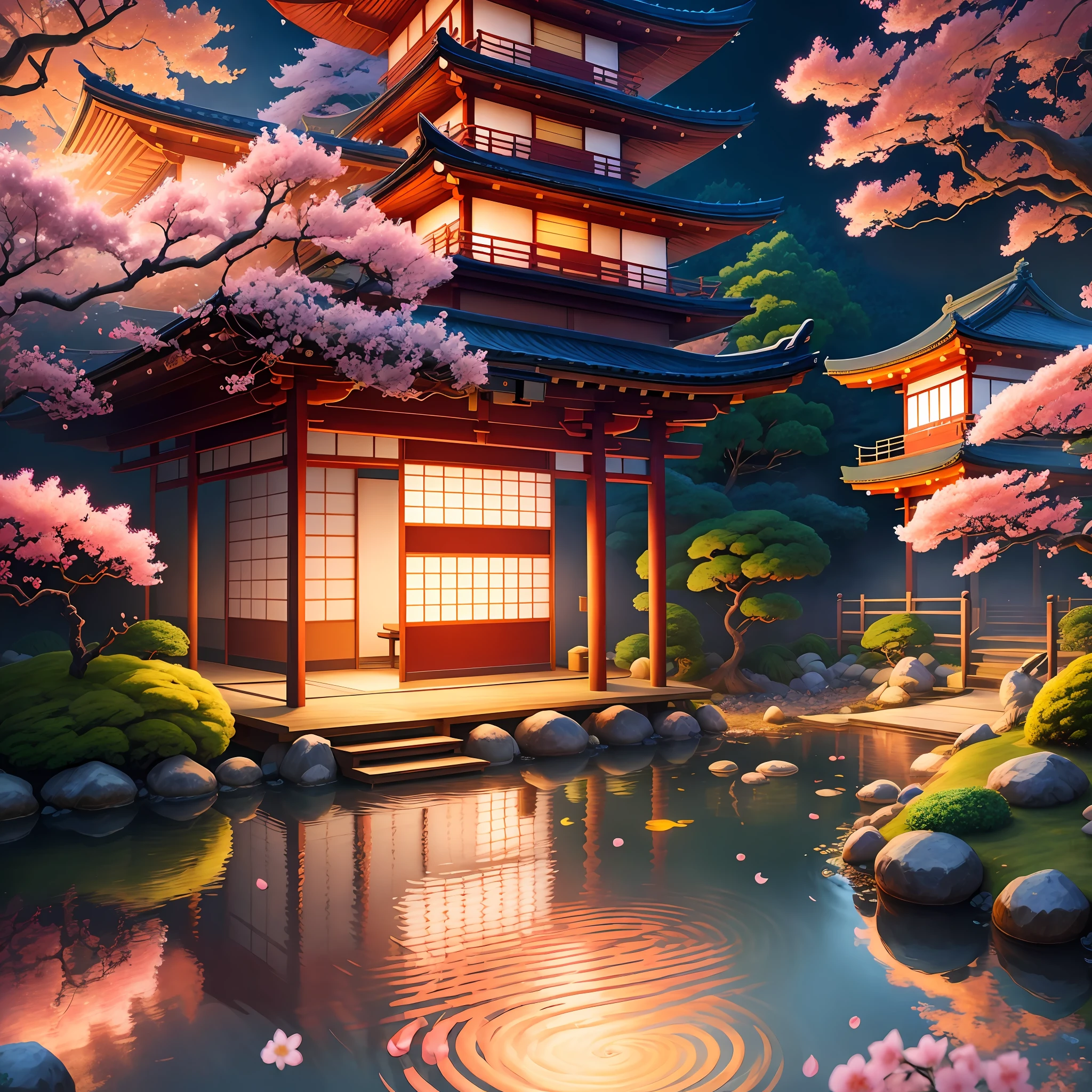 (digital painting),(best quality), serene Japanese garden, cherry blossoms in full bloom, koi pond, footbridge, pagoda, Ukiyo-e art style, Hokusai inspiration, Deviant Art popular, 8k ultra-realistic, pastel color scheme, soft lighting, golden hour, tranquil atmosphere, landscape orientation