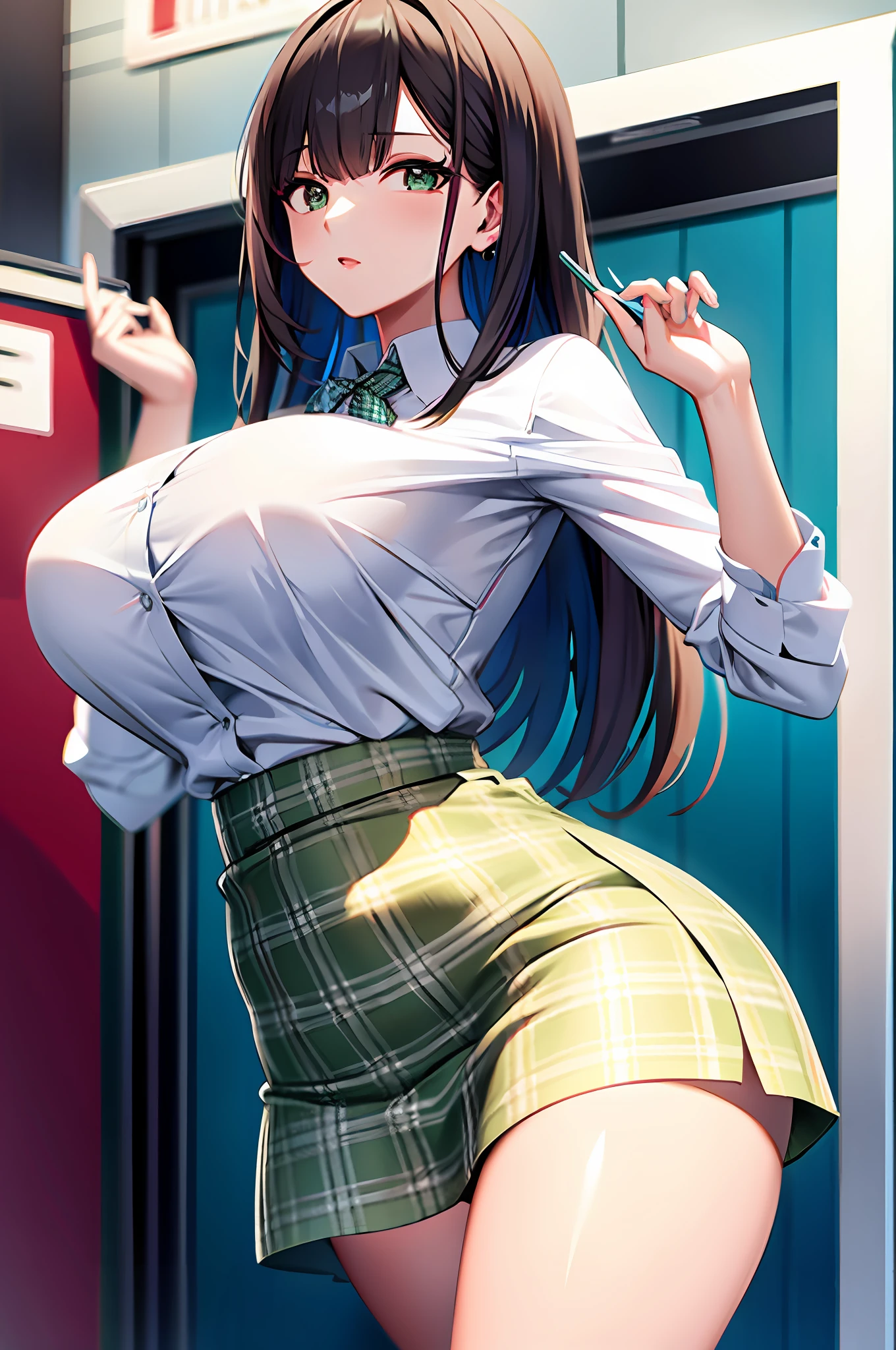 White blouse, green checked skirt