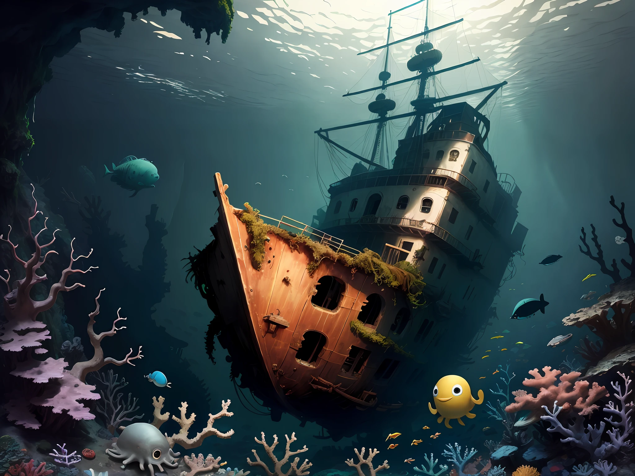 (a shipwreck) under the sea, (coral reefs, moss, undersea life), an octopus, a crab, (sunken treasures)