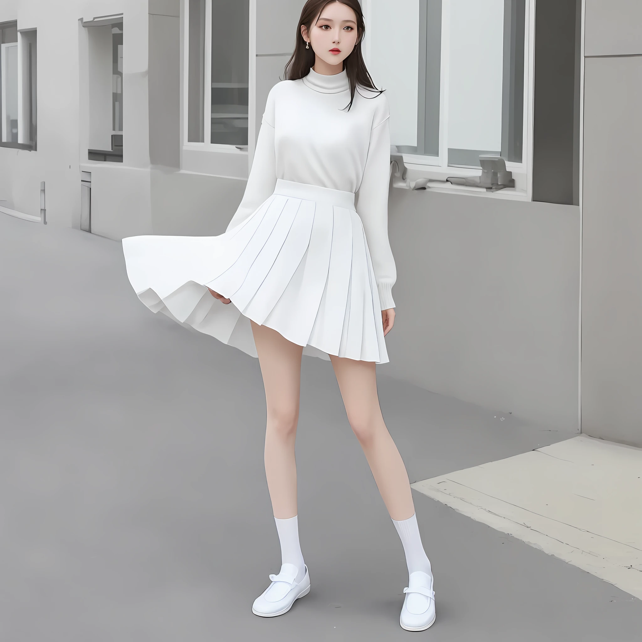 A tall, good-looking, beautiful fashion female model, a full-body photo, a white chiffon knee-length skirt, elegant and smart, with a yellow twisted sweater on the upper body, and the hem of the dress is tucked into the skirt. Look~ the proportion of the figure is stretched all of a sudden Yes, the combination of white socks and white casual shoes is quite harmonious, elegant and cute.