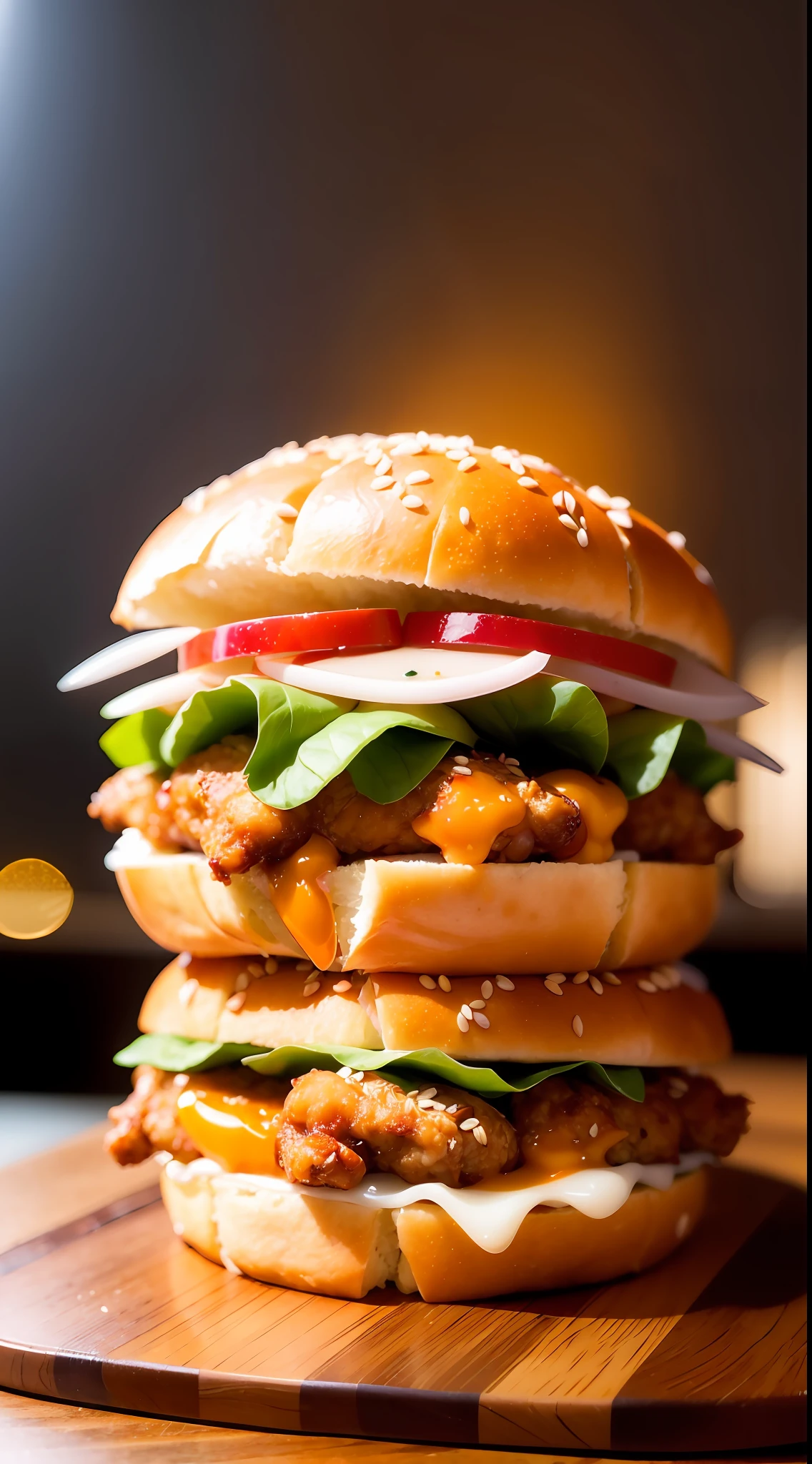 analog style, photorealistic, the most delicious grilled sandwich with sesame seeds with fried chicken, flowing egg yolk, lettuce, on a table in a cafe, dimly lit, light particles, haze, halation, bloom, dramatic atmosphere, centred, rule of thirds, 200mm 1.4f macro shot,