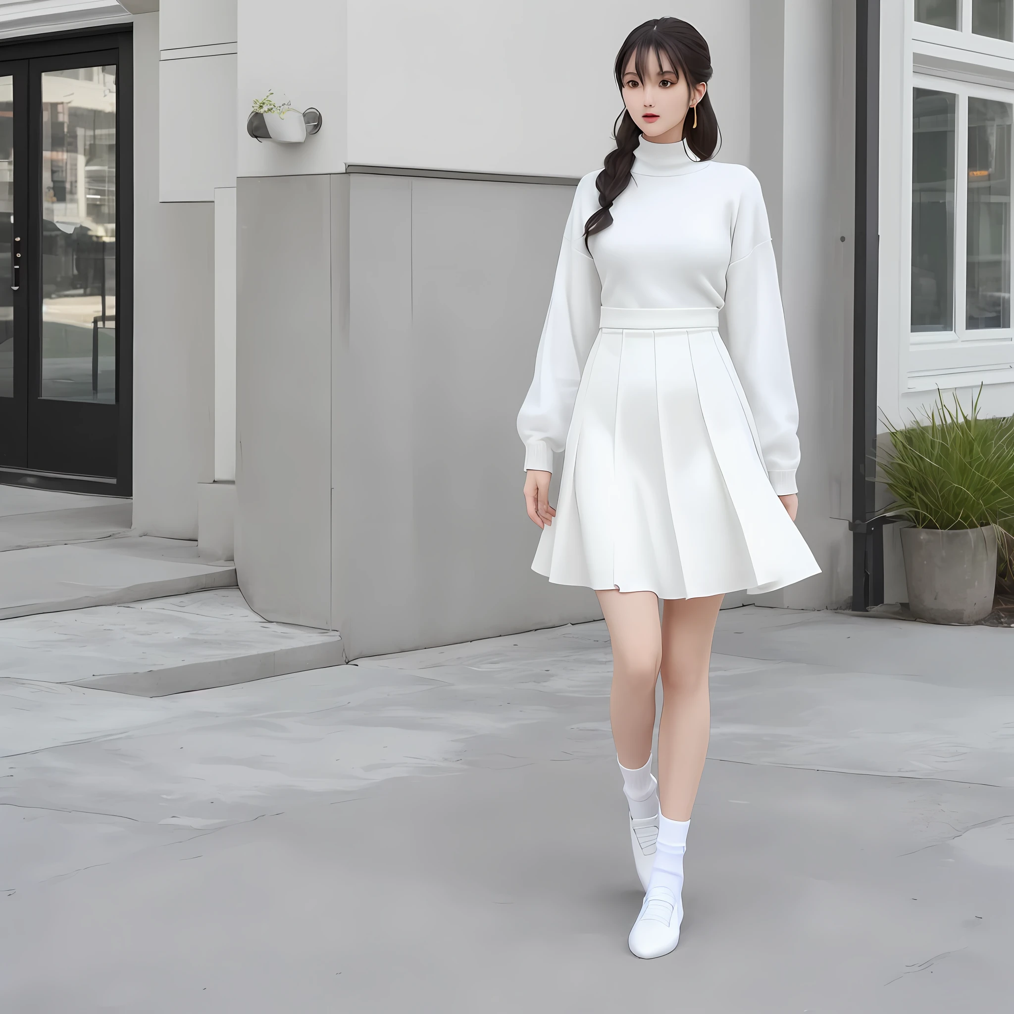 A tall, good-looking, beautiful fashion female model, a full-body photo, a white chiffon knee-length skirt, elegant and smart, with a yellow twisted sweater on the upper body, and the hem of the dress is tucked into the skirt. Look~ the proportion of the figure is stretched all of a sudden Yes, the combination of white socks and white casual shoes is quite harmonious, elegant and cute.