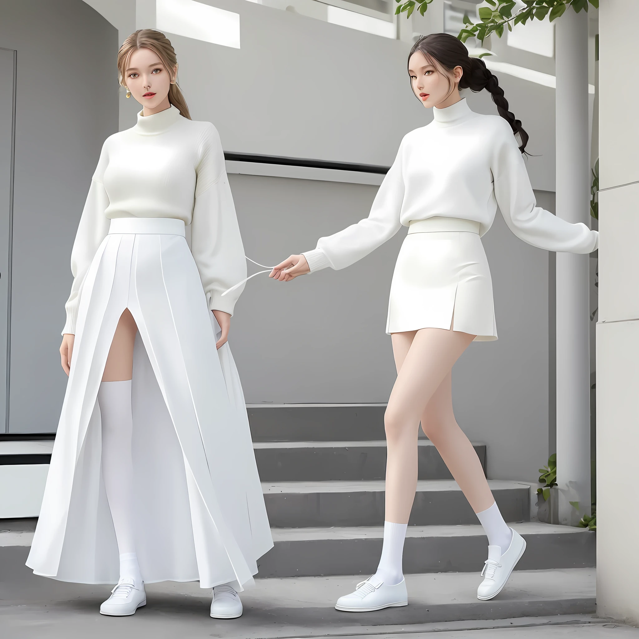 A tall, good-looking, beautiful fashion female model, a full-body photo, a white chiffon knee-length skirt, elegant and smart, with a yellow twisted sweater on the upper body, and the hem of the dress is tucked into the skirt. Look~ the proportion of the figure is stretched all of a sudden Yes, the combination of white socks and white casual shoes is quite harmonious, elegant and cute.
