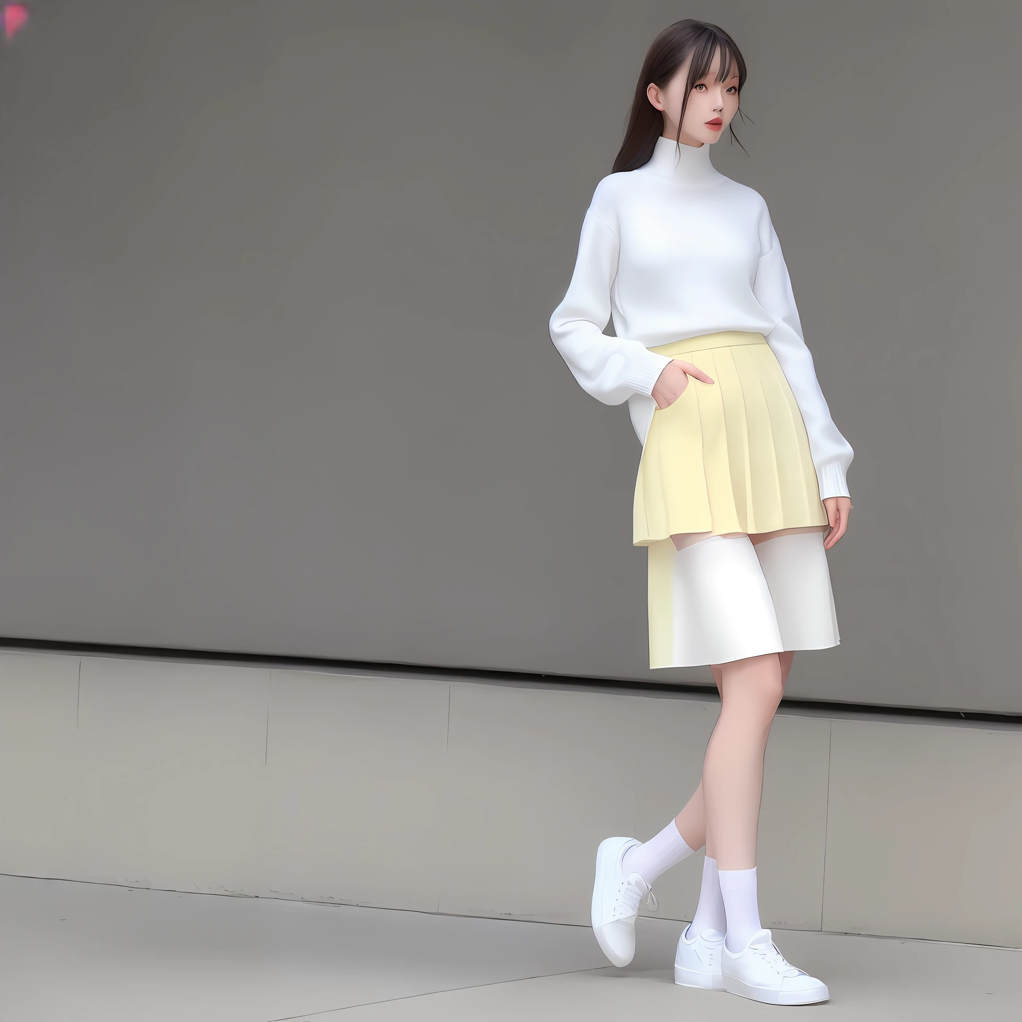 A tall, good-looking, beautiful fashion female model, a full-body photo, a white chiffon knee-length skirt, elegant and smart, with a yellow twisted sweater on the upper body, and the hem of the dress is tucked into the skirt. Look~ the proportion of the figure is stretched all of a sudden Yes, the combination of white socks and white casual shoes is quite harmonious, elegant and cute.