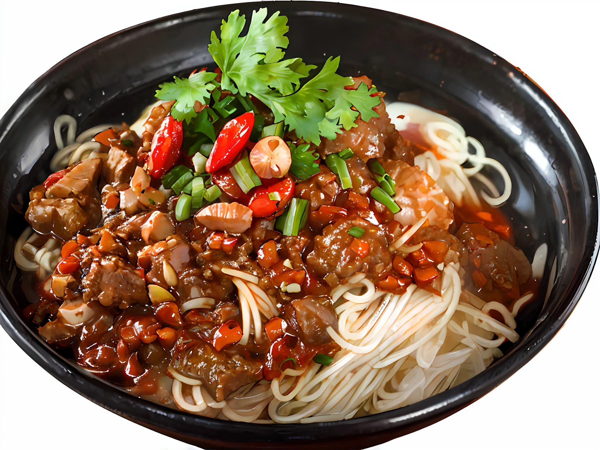 Noodles, red soup, minced meat sauce, coriander, peanuts, goji berries, green onion, delicious, coriander, chili, delicious, very delicious, colorful --v 6
