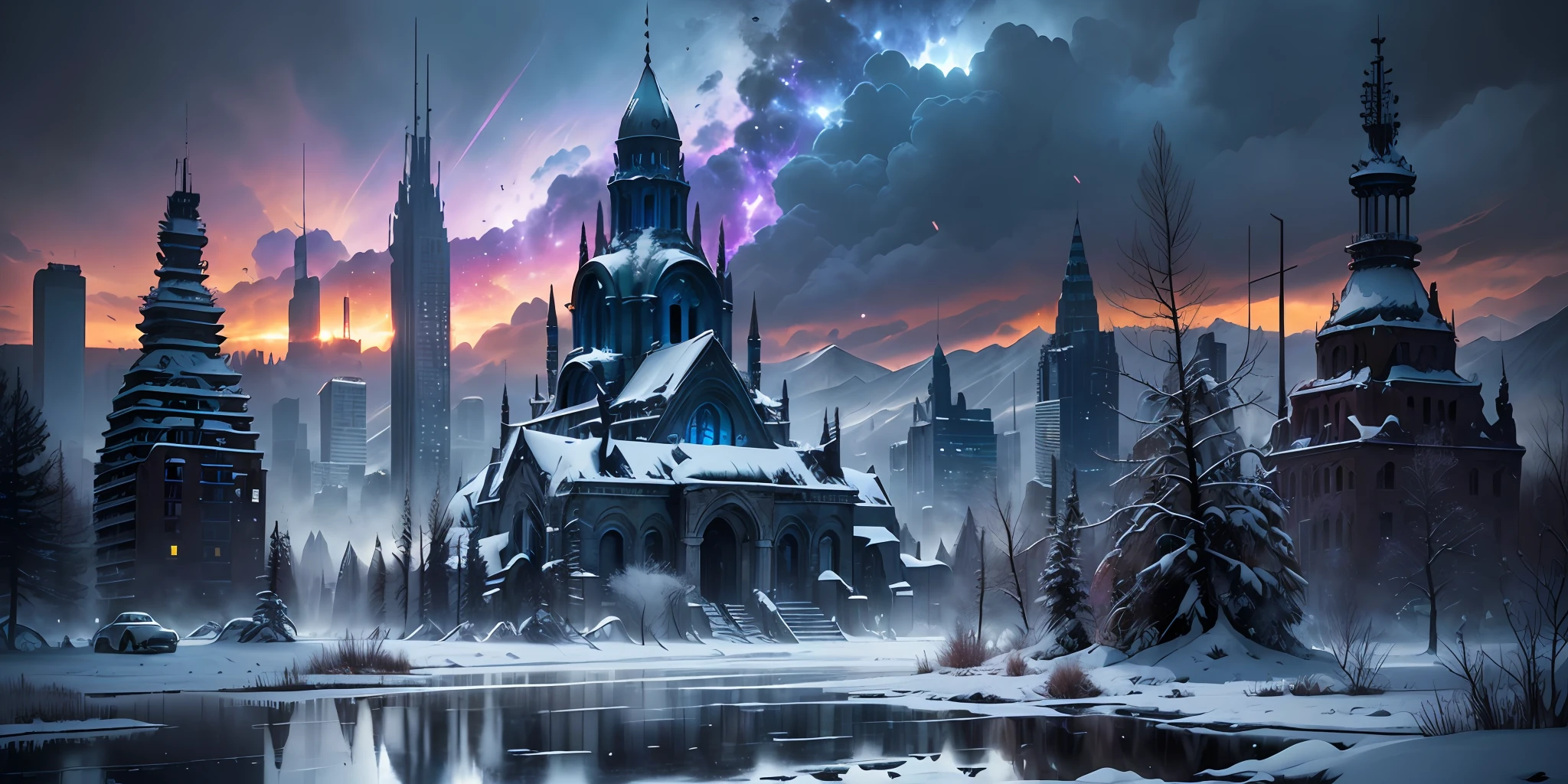 Apocalypse, Epic Reality, (hdr: 1.4), Apocalypse, Frozen, Dilapidated, Abandoned, Cool Colors, Dark Night, Screen Space Refraction, Epic Composition, (Intricate Detail), (Intricate Detail, Ultra Detail: 1.2 ), Art Station, Movie Clips, Vignetting, Complex Backgrounds, Buildings, Snow, (Masterpiece, Best Quality) --v 6
