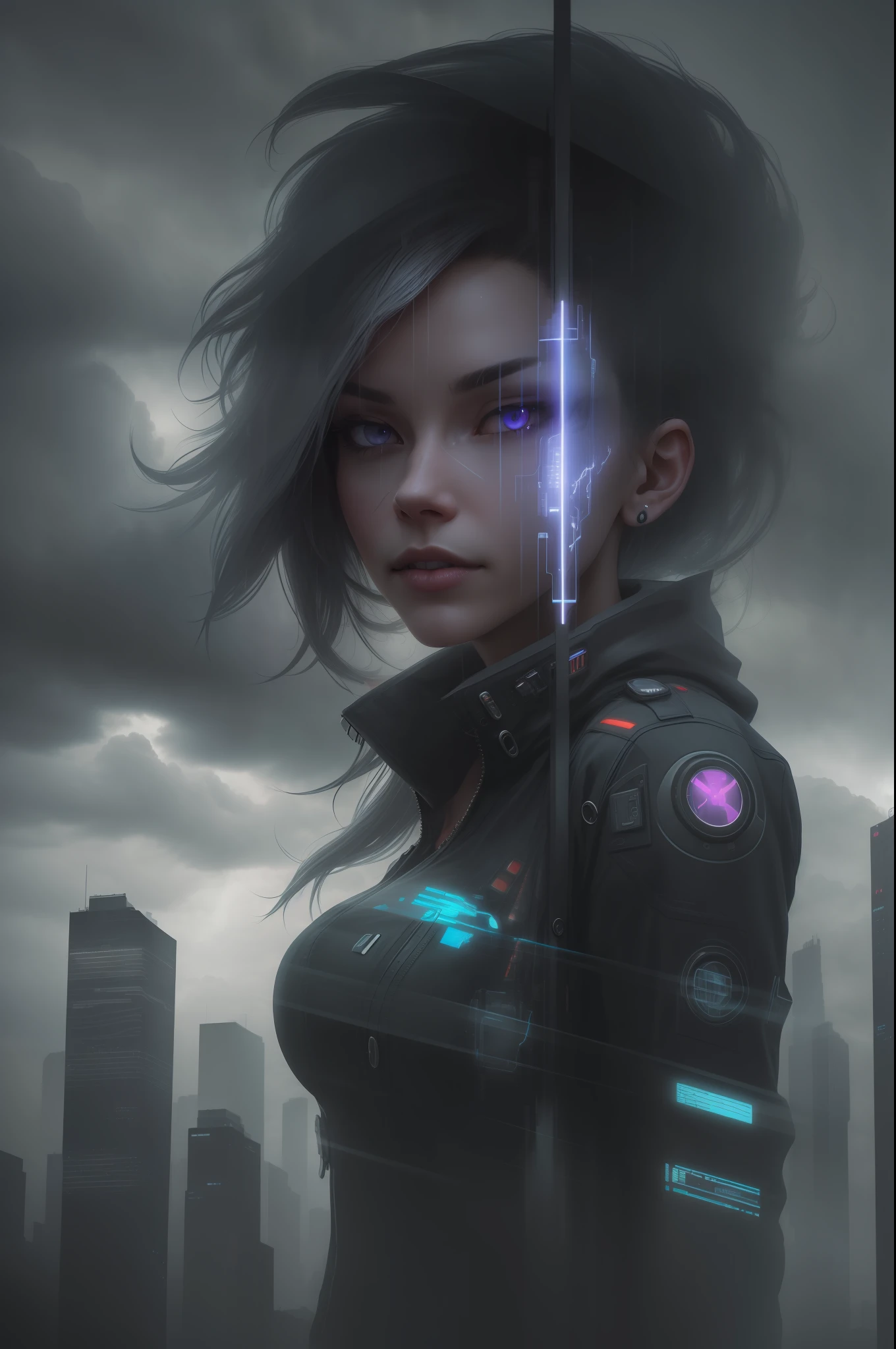cyberpunk [foggy cityscape in the distance : very pretty girl, city:0.33] immersed in a giant flow of wind, living in a thunder cloud, behind the cloud, (double exposure:1.3), photo by Brandon Woelfelmist, surreal dream, gray atmosphere, rainy day, dynamic, lut, hdr