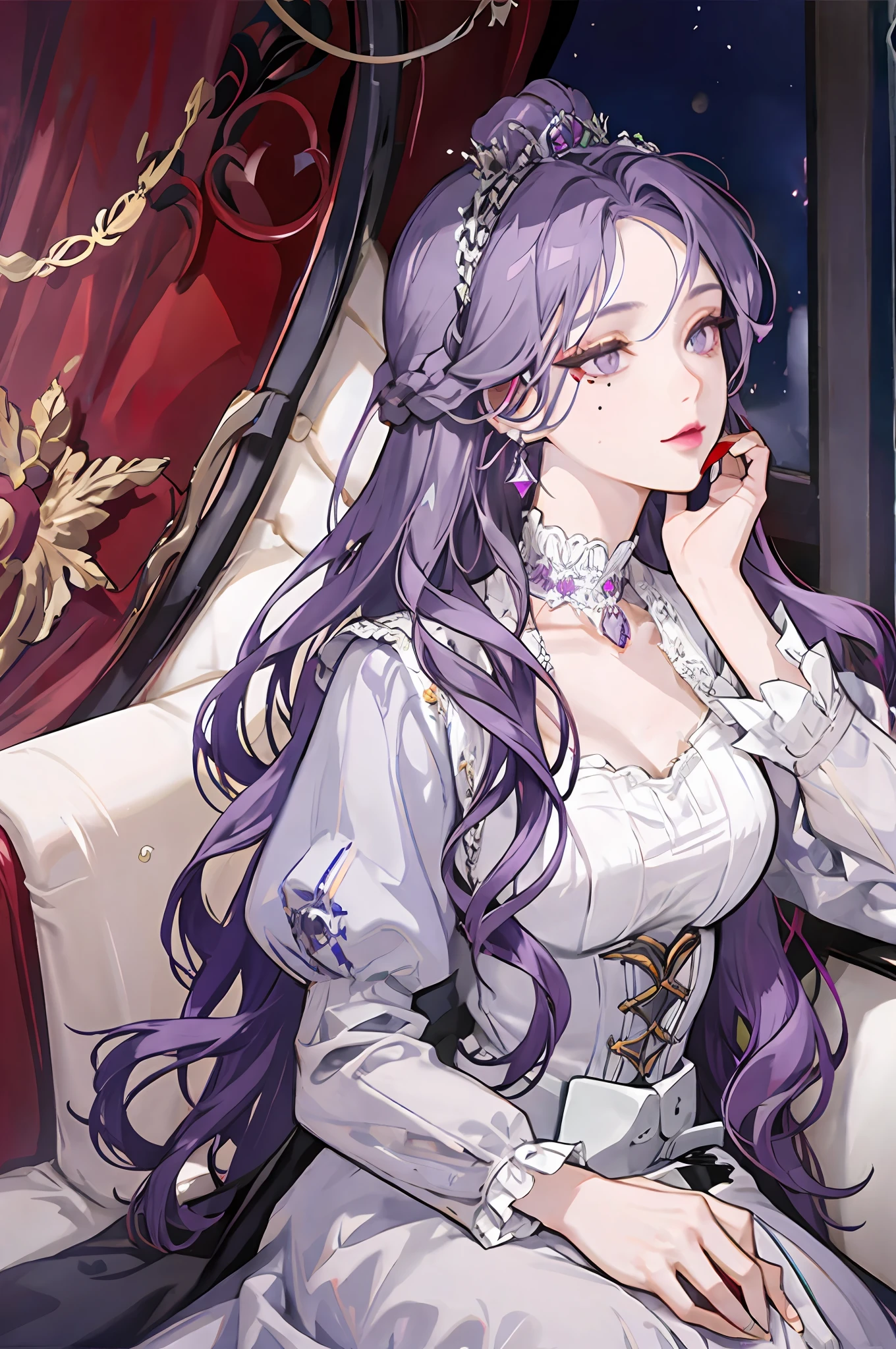 Woman with violet hair, gray eyes, white dress, violet jewelry, red earrings, mole on lip, royalty, nobility, princess, elegant, high quality, highly detailed, detailed face, fantasy, drinking tea, traveling in a carriage, Victorian era