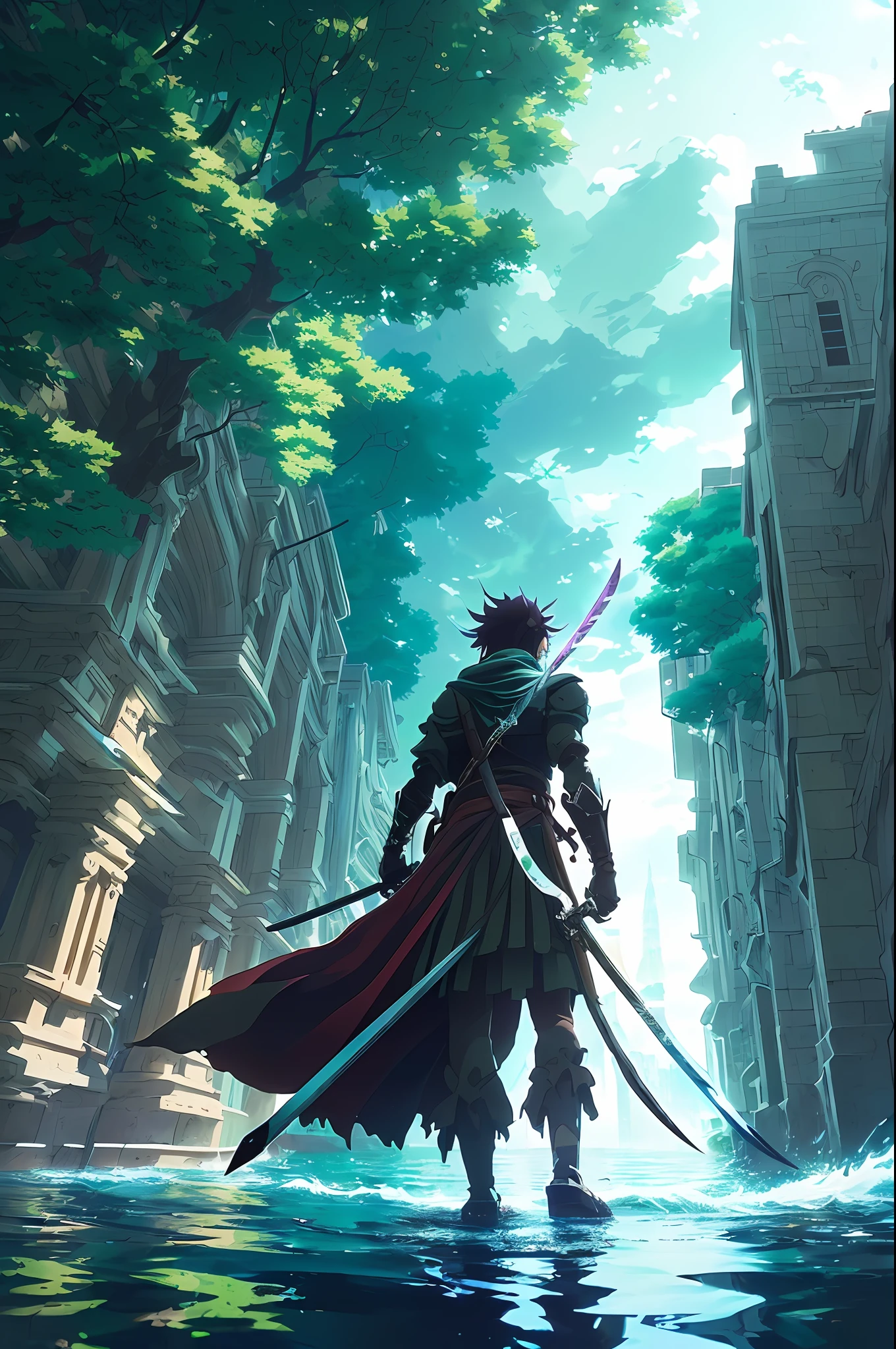 ((masterpiece, best quality)), (extremely detailed CG unity 8k wallpaper, masterpiece, best quality, ultra-detailed, best shadow), (detailed background), (beautiful detailed face, beautiful detailed eyes), High contrast, (best illumination, an extremely delicate and beautiful), (anime girl:1.2), ((anime girl with a katana walking on water, ripples, backdrop of dawn, backshot, saturn in the background, low angled illustration from demon slayer, concept art, anime, key visual, trending pixiv fanbox by wlop and greg rutkowski and makoto shinkai and studio ghibli )), ((caustic)), dynamic angle, beautiful detailed glow,