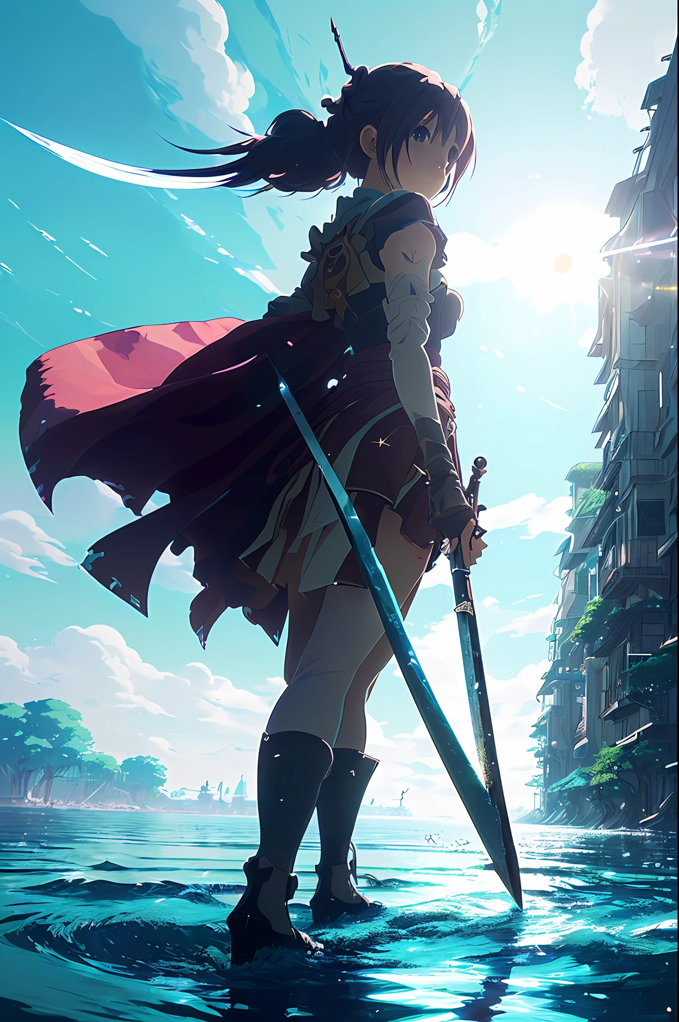 ((masterpiece, best quality)), (extremely detailed CG unity 8k wallpaper, masterpiece, best quality, ultra-detailed, best shadow), (detailed background), (beautiful detailed face, beautiful detailed eyes), High contrast, (best illumination, an extremely delicate and beautiful), (anime girl:1.2), ((anime girl with a katana walking on water, ripples, backdrop of dawn, backshot, saturn in the background, low angled illustration from demon slayer, concept art, anime, key visual, trending pixiv fanbox by wlop and greg rutkowski and makoto shinkai and studio ghibli   )), ((caustic)), dynamic angle, beautiful detailed glow,