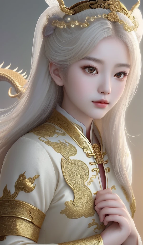 (Masterpiece), (Best Quality), (Super Delicate), (Illustration), (Extremely Delicate and Beautiful), (Dynamic Angle), Gold and White Highlights, (Legendary Chinese Dragon), Anthropomorphic, Chinese Dragon, (intricate details) (beautiful and delicate eyes), delicate face, half body close-up, messy floating hair, messy hair, head decoration, (feminine and lovely), focus, (fantasy style), golden and white Clothes, (intricate details), 20