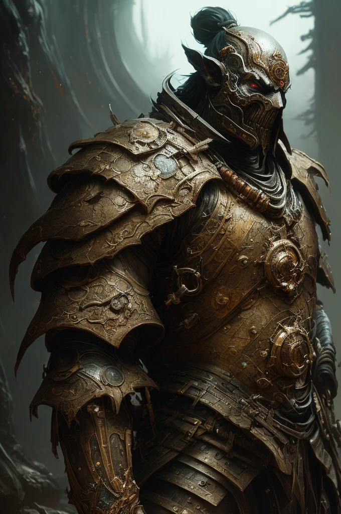 (Painting:1.3) of (Detailed illustration:1.3) A (full body:1.3) shot at 8k resolution, splash art, fantastic comic book style, photorealistic, intense look, anatomical photorealistic digital painting portrait of a (old male:1.3) human (warrior:1.3) in black and gold intricate (heavy armor:1.3) in a (dark and moody universe:1.3), light particle, very detailed skin,samurai, very detailed eyes, (elden ring style:1.3), (warhammer style:1.1), concept artist, global illumination, depth of field, splash art, art by artgerm and greg rutkowski and viktoria gavrilenko
