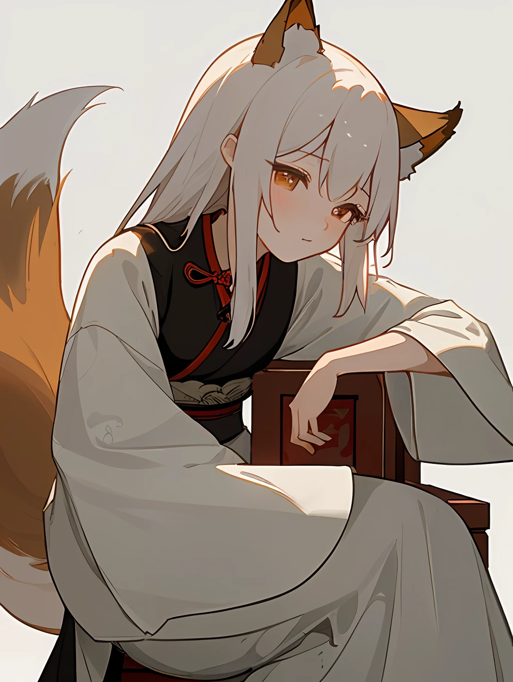 Chinese style plane illustration, slender figure, pretty face, fox ears, fox tail, fox demon, Japanese otome game style, movie sense, gentle and elegant, Ming Dynasty Hanfu, freehand, blank, big eyes, double eyelids, ancient Chinese beauty ,beautiful,ultra-high definition,exquisite details,sitting on a Chinese wooden chair,Rembrandt lighting style,style of ancient Chinese artist Qiu Ying,blank space,ink style,freehand brushwork,martial arts,whiteness brings peace and tranquility to the audience,white background, close-up, 8K, best quality, super detailed --ar 3:4 --q 2 --niji 5 detail