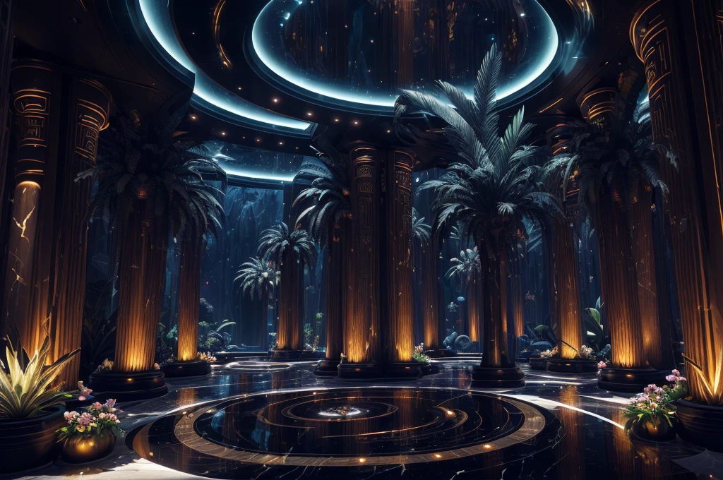 incredible black luxurious futuristic interior in Ancient Egyptian style with many (((lush plants))), ((gorgeous flowers)), (lotus flowers), ((palm trees)), rocky walls, ((sand)), ((waterfalls)) (marble), ((precious minerals)), ((metals)), (gemstones), crystals, clouds and (water), (hieroglyphics), ((trees, plants, flowers made out of gemstones, jewels, precious minerals and lights)), crocodiles, (((ultra luxury))), (black marble) – with ((beautiful lights)), Unreal Engine, HQ, 16k