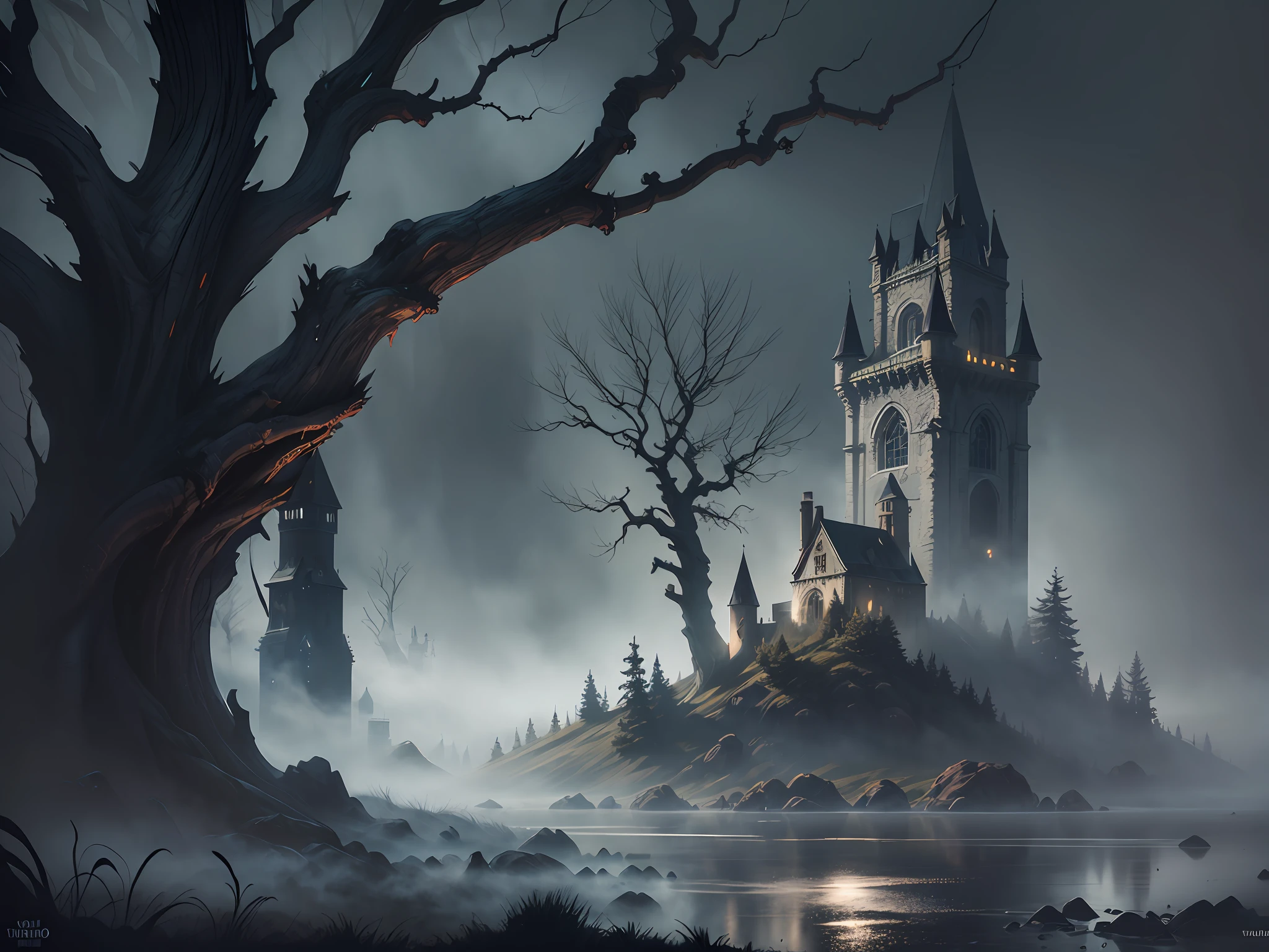 stream of (dark fog:1.2), diablo style scenery, raven, old tree, (mist), dark magic,(castle), dark shadows, (volumetric lighting), atmospheric perspective, dust particles, light shaft, realistic lighting, masterpiece, high quality, beautiful graphics, high detail,--v6