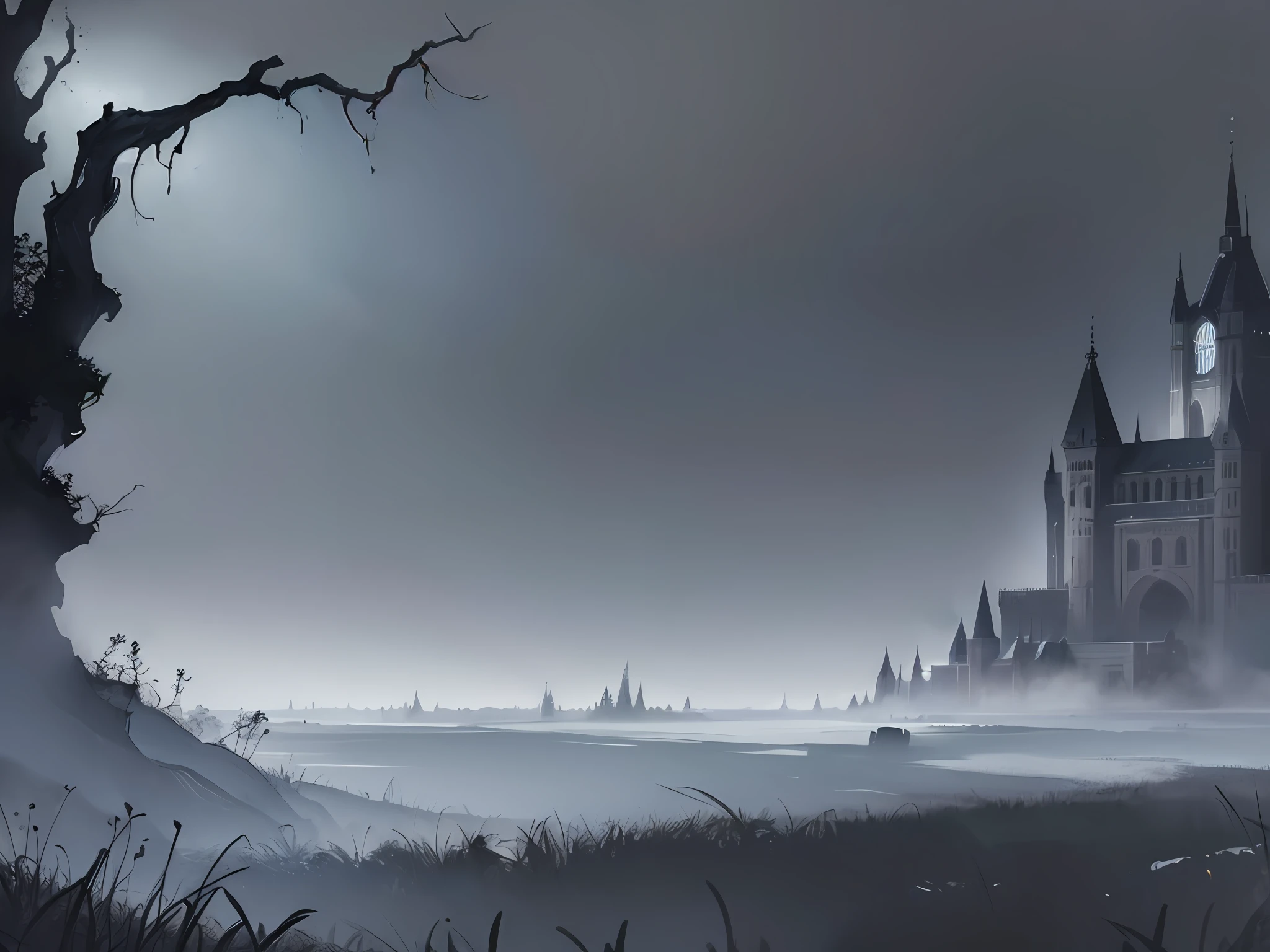 stream of (dark fog:1.2), diablo style scenery, raven, old tree, (mist), dark magic,(castle), dark shadows, (volumetric lighting), atmospheric perspective, dust particles, light shaft, realistic lighting, masterpiece, high quality, beautiful graphics, high detail,--v6