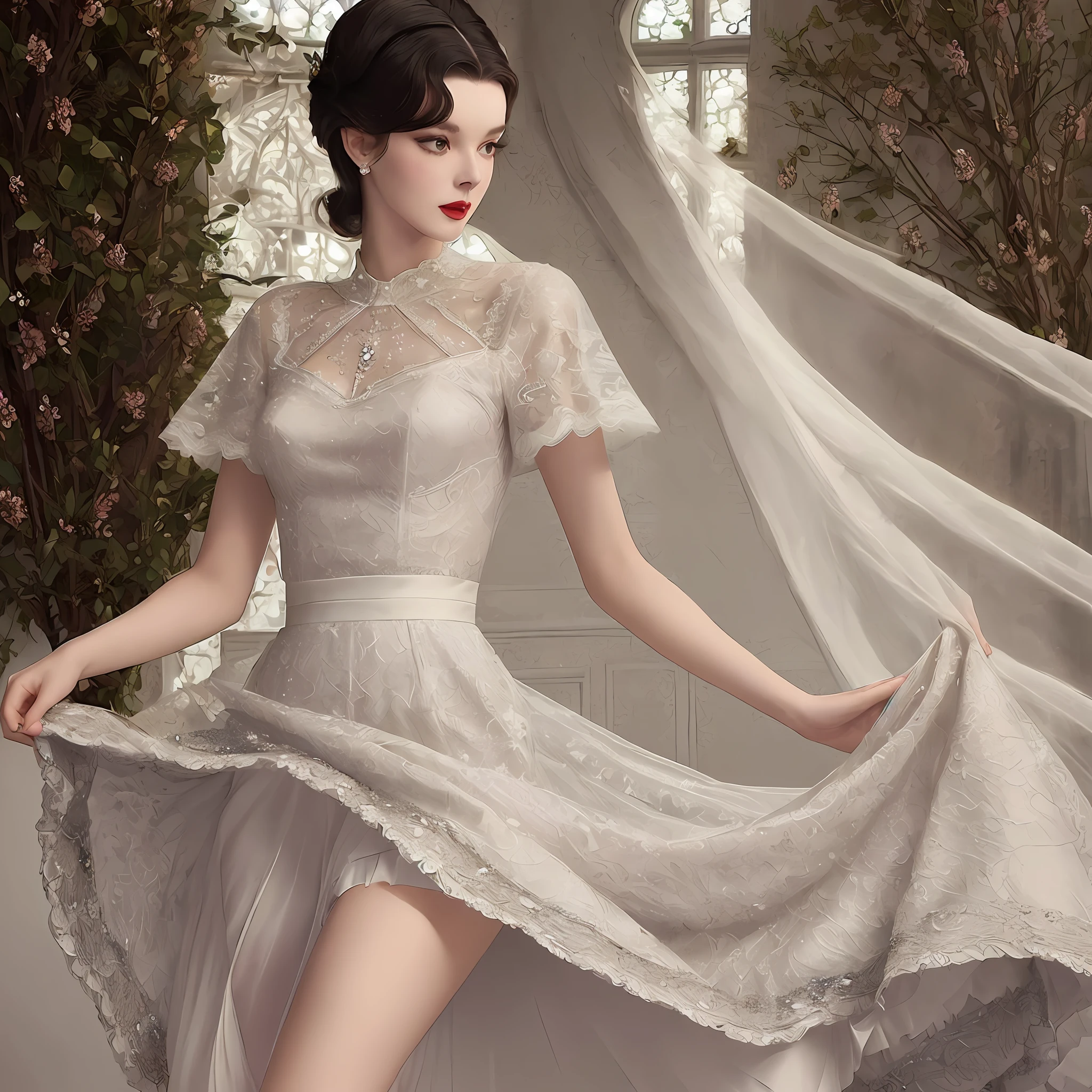 A tall, good-looking, beautiful fashion female model, full body photo, retro Hepburn style lace skirt, big lace skirt is romantic and moving, and there are many small rhinestones inlaid on the skirt, very delicate