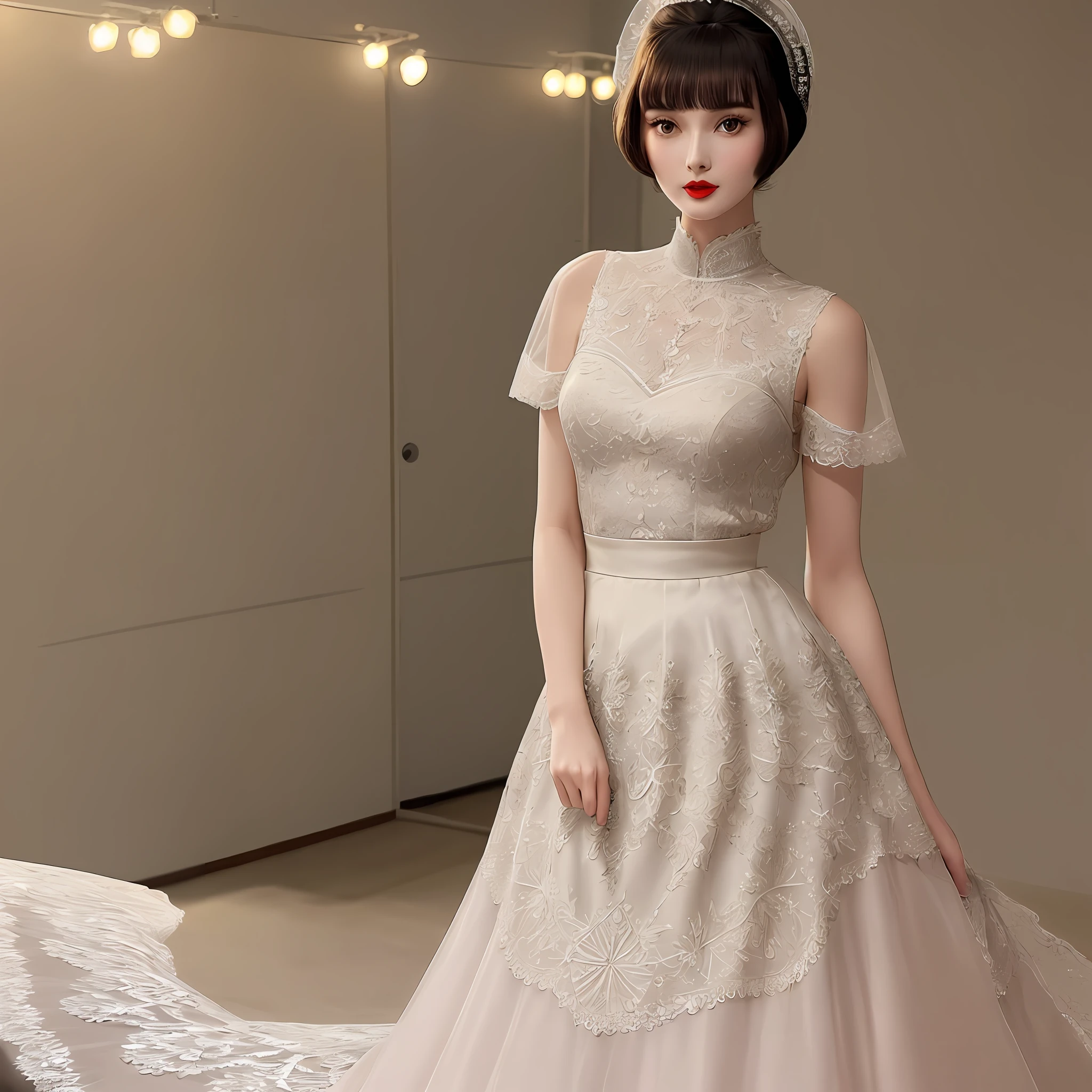 A tall, good-looking, beautiful fashion female model, full body photo, retro Hepburn style lace skirt, big lace skirt is romantic and moving, and there are many small rhinestones inlaid on the skirt, very delicate