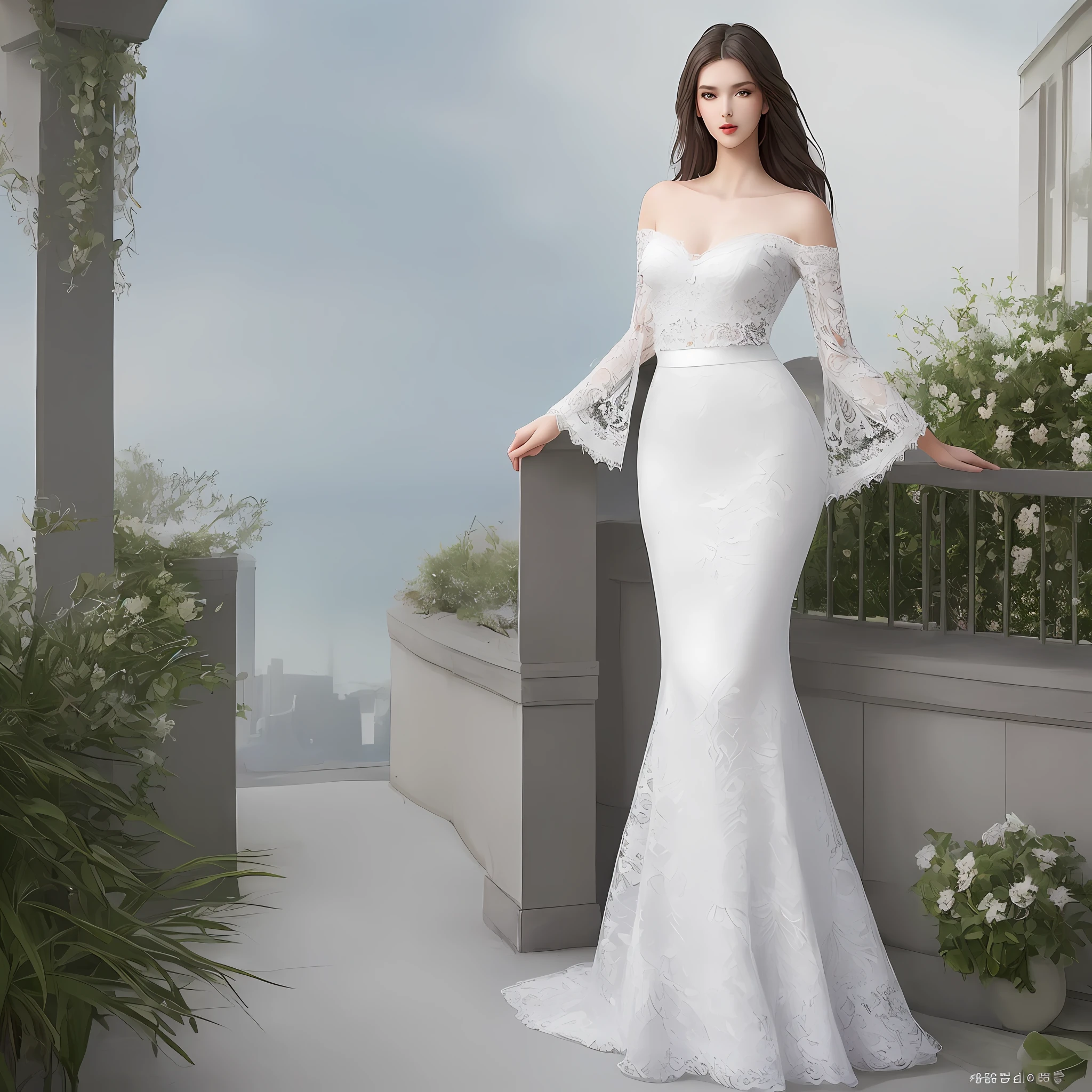A tall, good-looking, beautiful fashion female model, a full-body photo, an elegant and picturesque exquisite lace skirt, simple design, and smooth texture, creating a fresh, bright and goddess feeling.