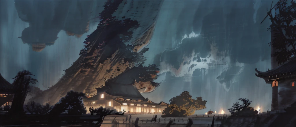 Ancient China, Tang Dynasty, tall attic, night, dimly lit, lake, soul games, concept art, Ghost of Tsushima