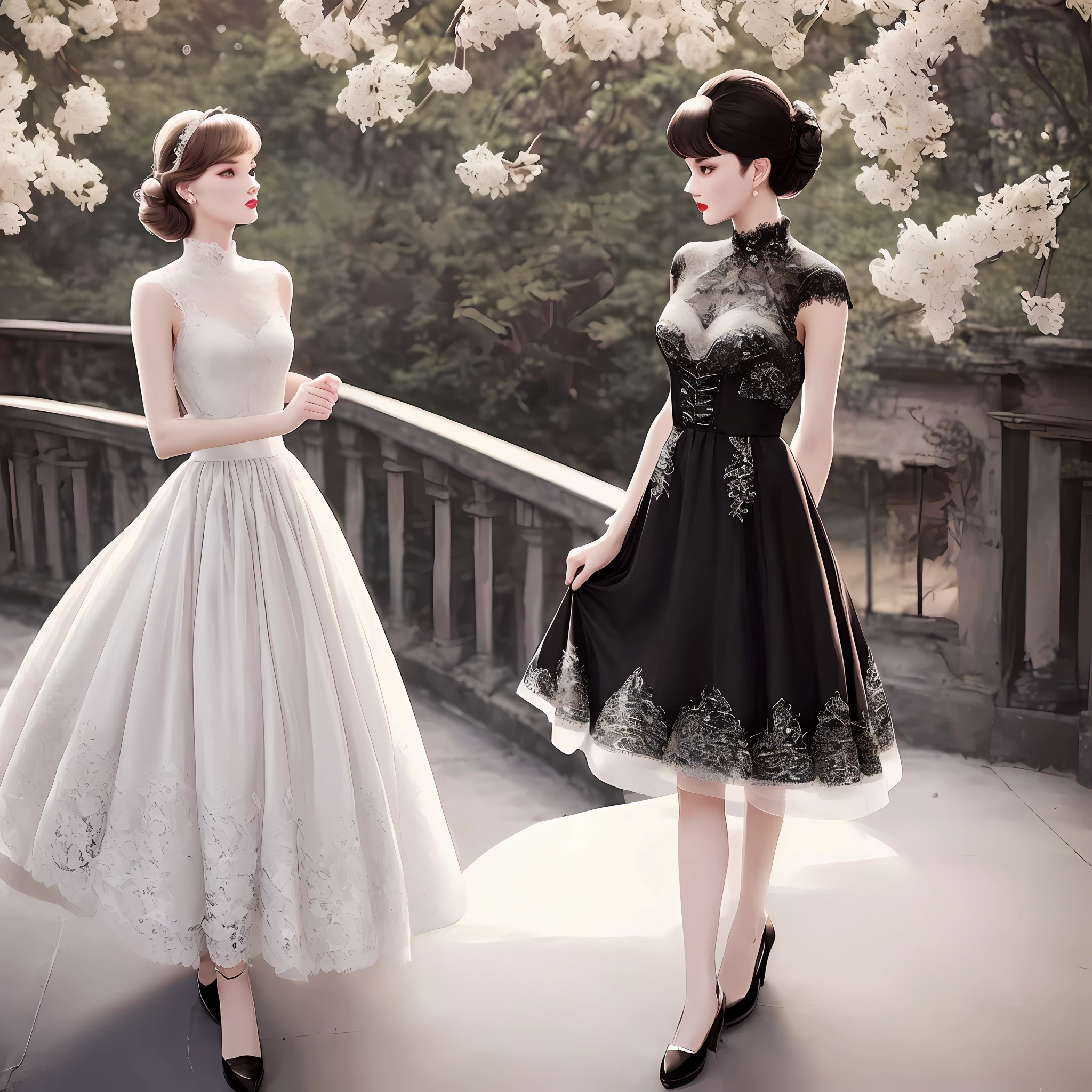 A tall, good-looking, beautiful fashion female model, full body photo, retro Hepburn style lace skirt, big lace skirt is romantic and moving, and there are many small rhinestones inlaid on the skirt, very delicate