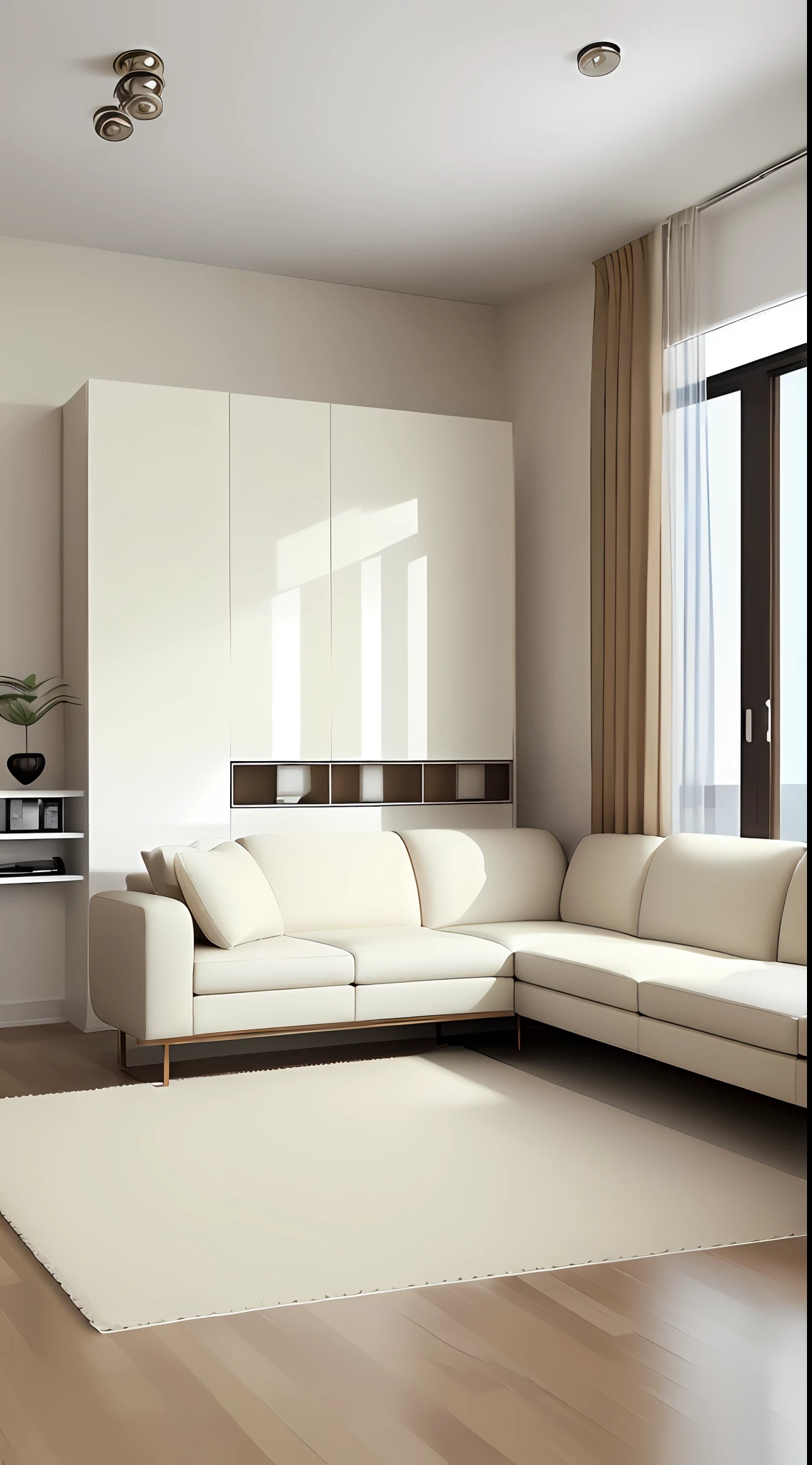there is a white couch and a white rug in a room, elegant minimalism, cream - colored room, modern minimalist, white furniture, minimalist furniture, white l shaped couch, minimal modern, minimalistic and beautiful, modern and minimalist, cream and white color scheme, white color scheme, minimalist interior design, sleek white, beige color scheme, interior living room, all white render