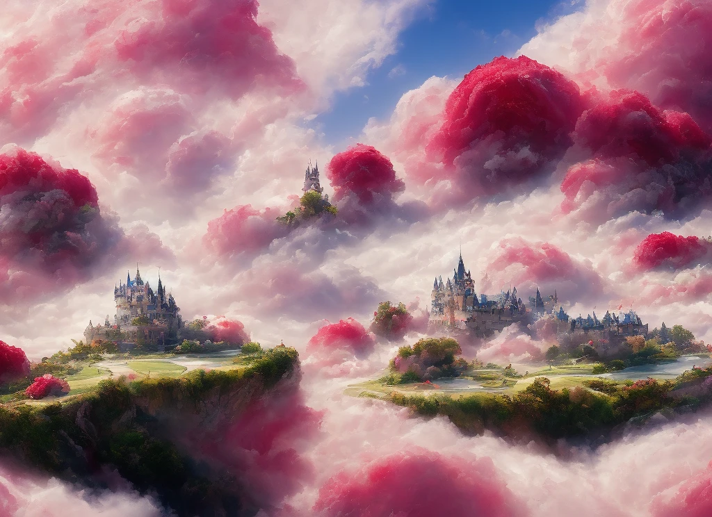 a discodifland with swirling clouds and flowers, (sky rose fantasy castle), (red roses), (ridiculous), dreamy, disney, painted by Thomas Kincaid, artstation, sharp focus, inspiring 8k wallpaper,