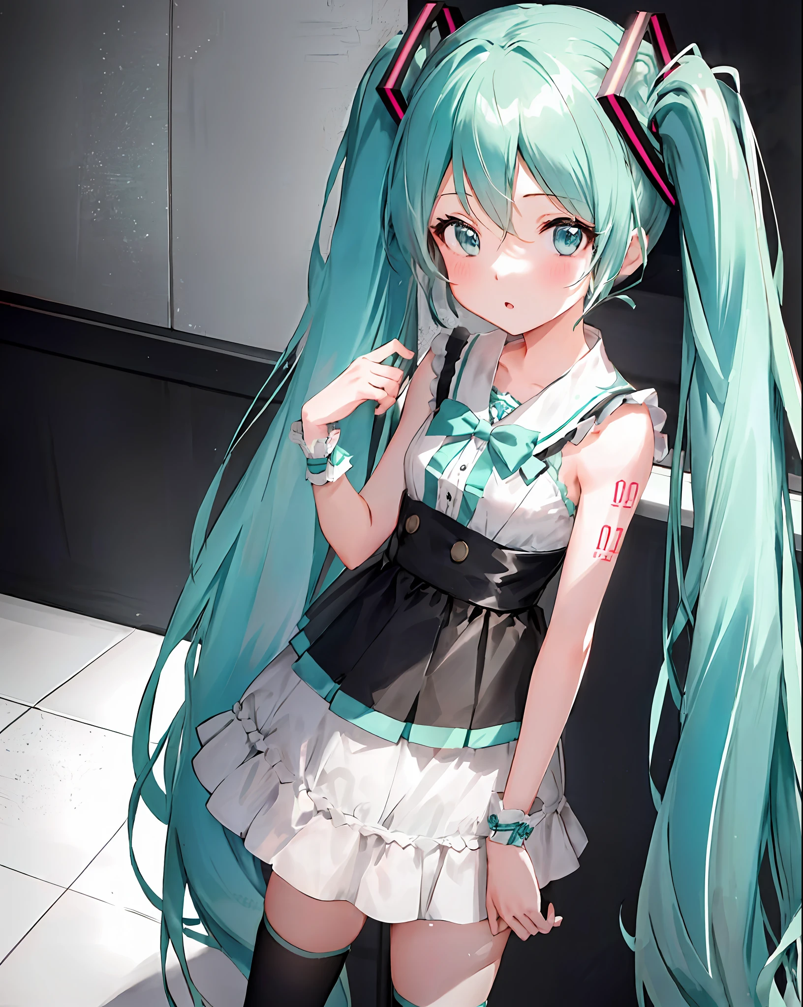 (hatsune miku:1.1), (pigtails), cute, close, looking at viewer, standing, detailed, (1girl), bluethebone, 1980s \(style\),