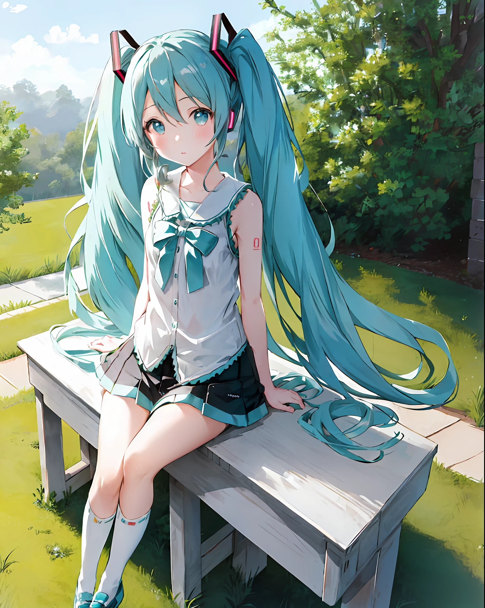 (hatsune miku:1.1), (pigtails), cute, close, looking at viewer, standing, detailed, (1girl), bluethebone, 1980s \(style\),