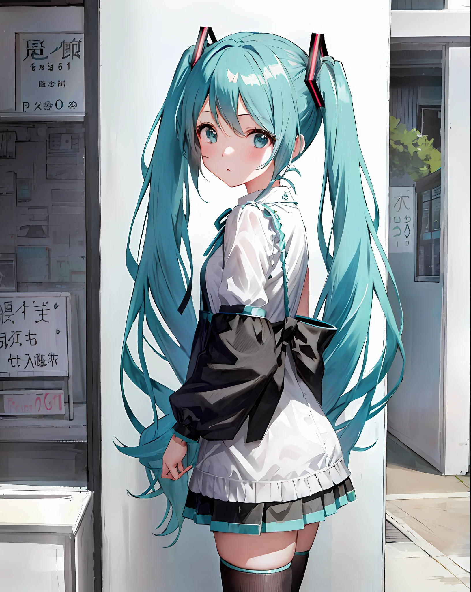 (hatsune miku:1.1), (pigtails), cute, close, looking at viewer, standing, detailed, (1girl), bluethebone, 1980s \(style\),