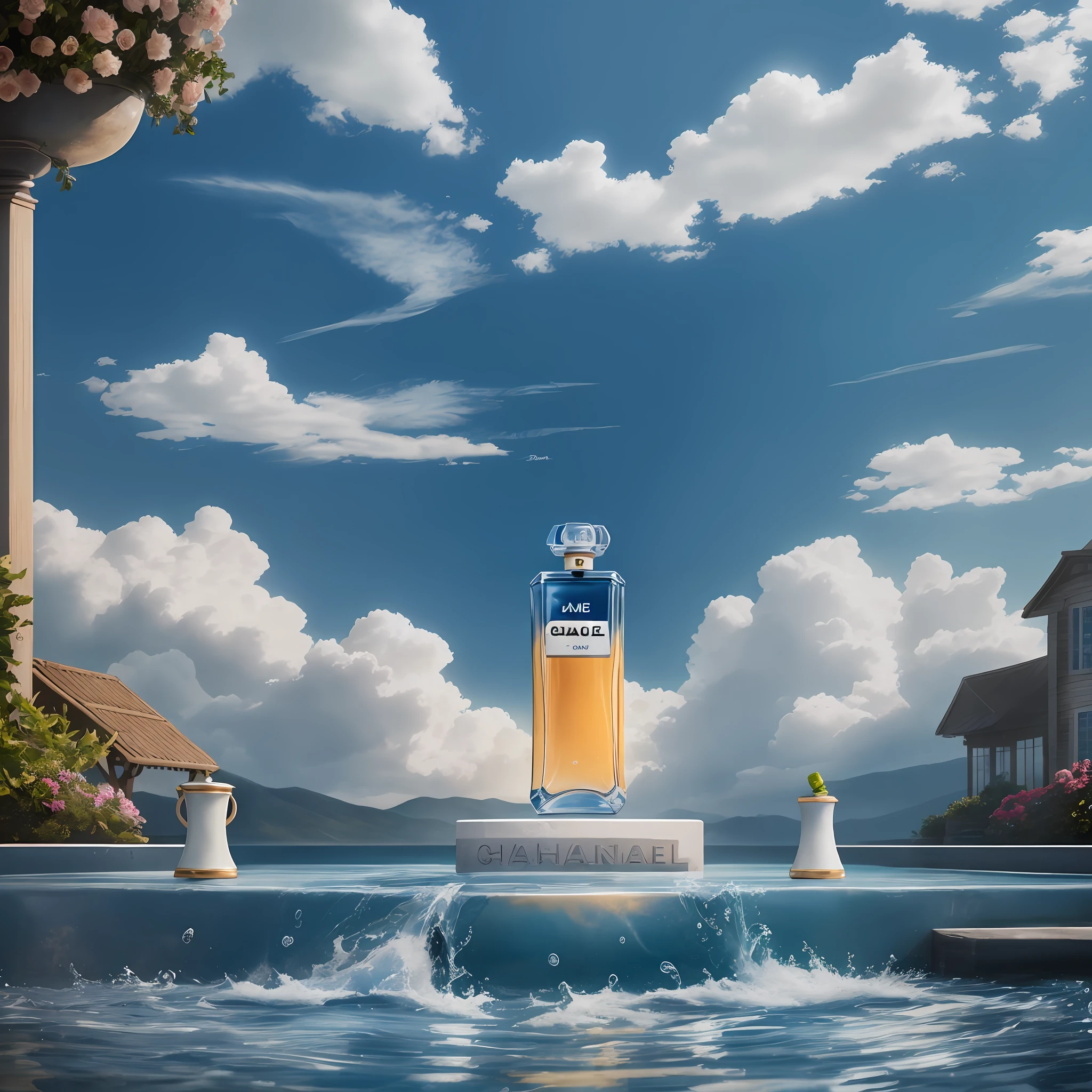 Chanel No. 5 Chanel eap, Chanel, perfume, hyper-realistic scene, retain the original appearance of the bottle, generate a good-looking background atmosphere, Product photography of a perfume bottle arranged with plants and flowers, realistic, light background, realistic rendering, blue sky background, water , Sunlight, Low View, Blender, Product Rendering, HD 8K