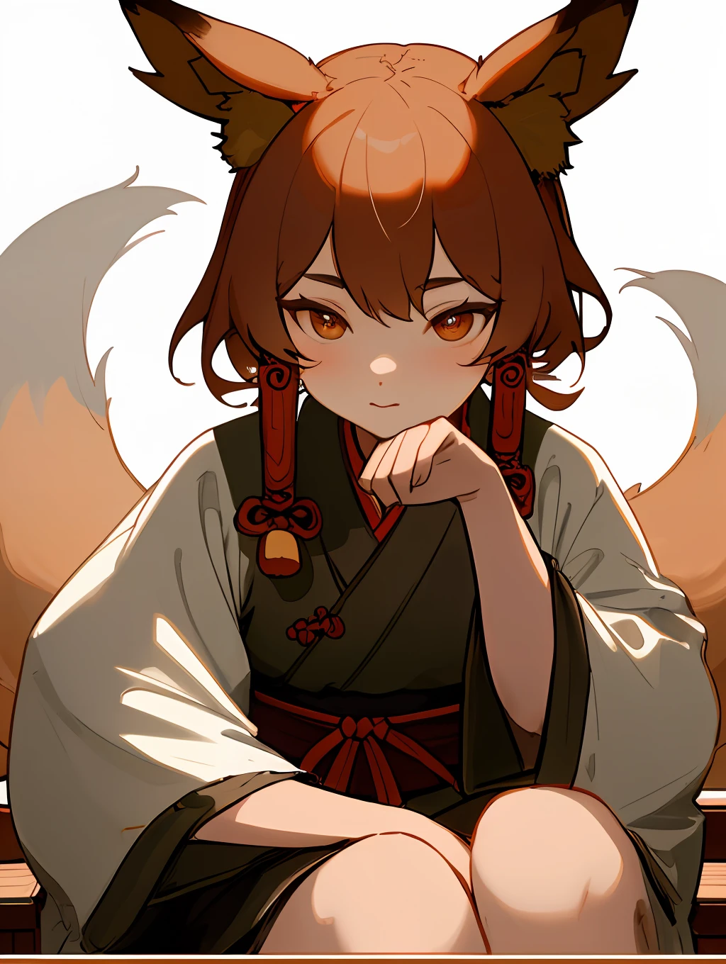 8K ultra-detailed cinematic Chinese-style flat illustrations, a beautiful fox demon sitting on a Chinese wooden chair, slender figure, pretty face, fox ears, fox tail, Ming Dynasty Hanfu, blank space, big eyes and double eyelids, Rembrandt lighting style , martial arts, the style of ancient Chinese artist Qiu Ying, ink wash style, freehand, dignified sitting posture, white background gives the audience a sense of calm and tranquility, ultra high definition, fine details, close-up, white background, high details, detailed, super high quality, hands with details .